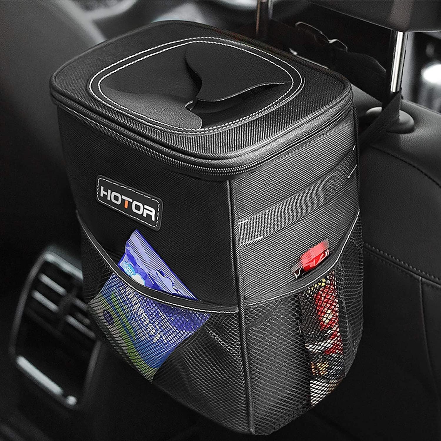 HOTOR Auto-Mülleimer mit Deckel und Aufbewahrungstaschen – 100 % auslaufsicherer Organizer, wasserdichter Mülleimer, Mehrzweck-Mülleimer für Autos, 7,5 Liter, Schwarz