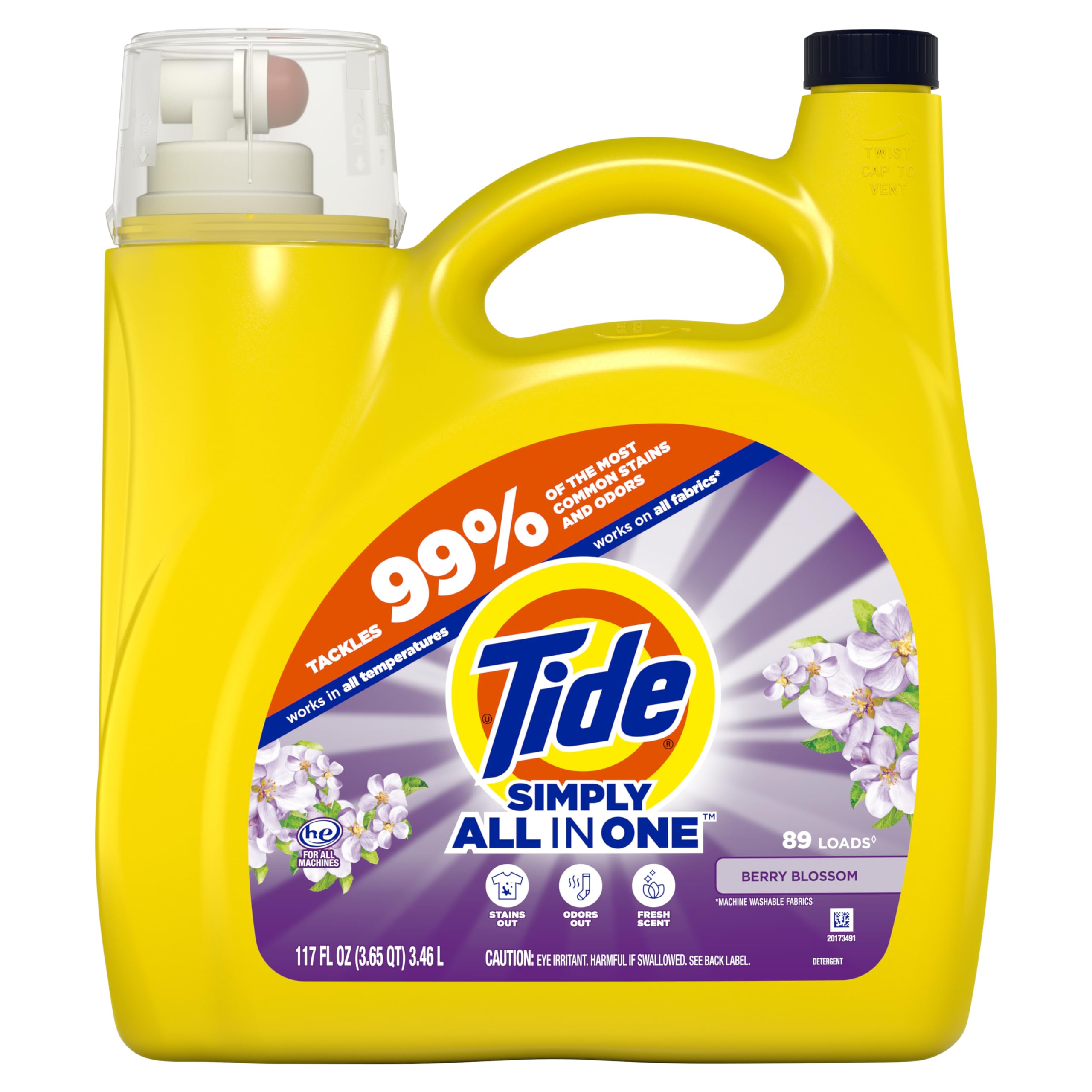 Tide Simply Clean & Fresh Liquid Laundry Detergent, Berry Blossom Scent, 89 loads, 117 fl oz (Packaging May vary)