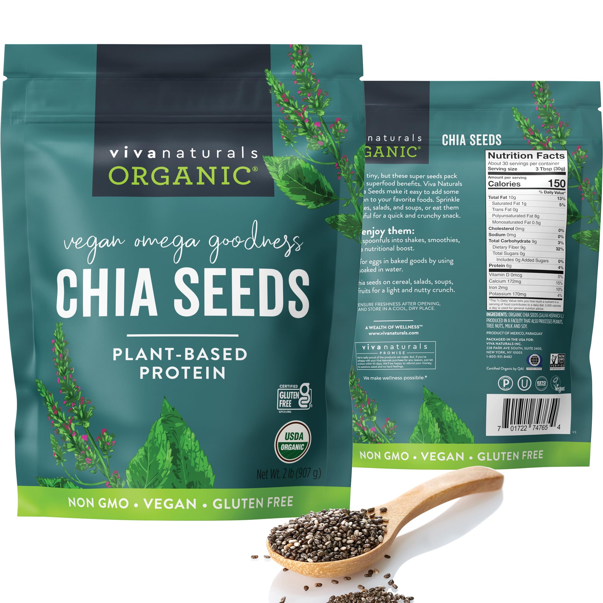 Viva Naturals Organic Chia Seeds 2 LBs - Plant-Based Omega-3 and Vegan Protein, Non-GMO Chia Seeds Organic Perfect for Smoothies, Salads and Chia Seed Pudding, Black Chia Seeds Bulk