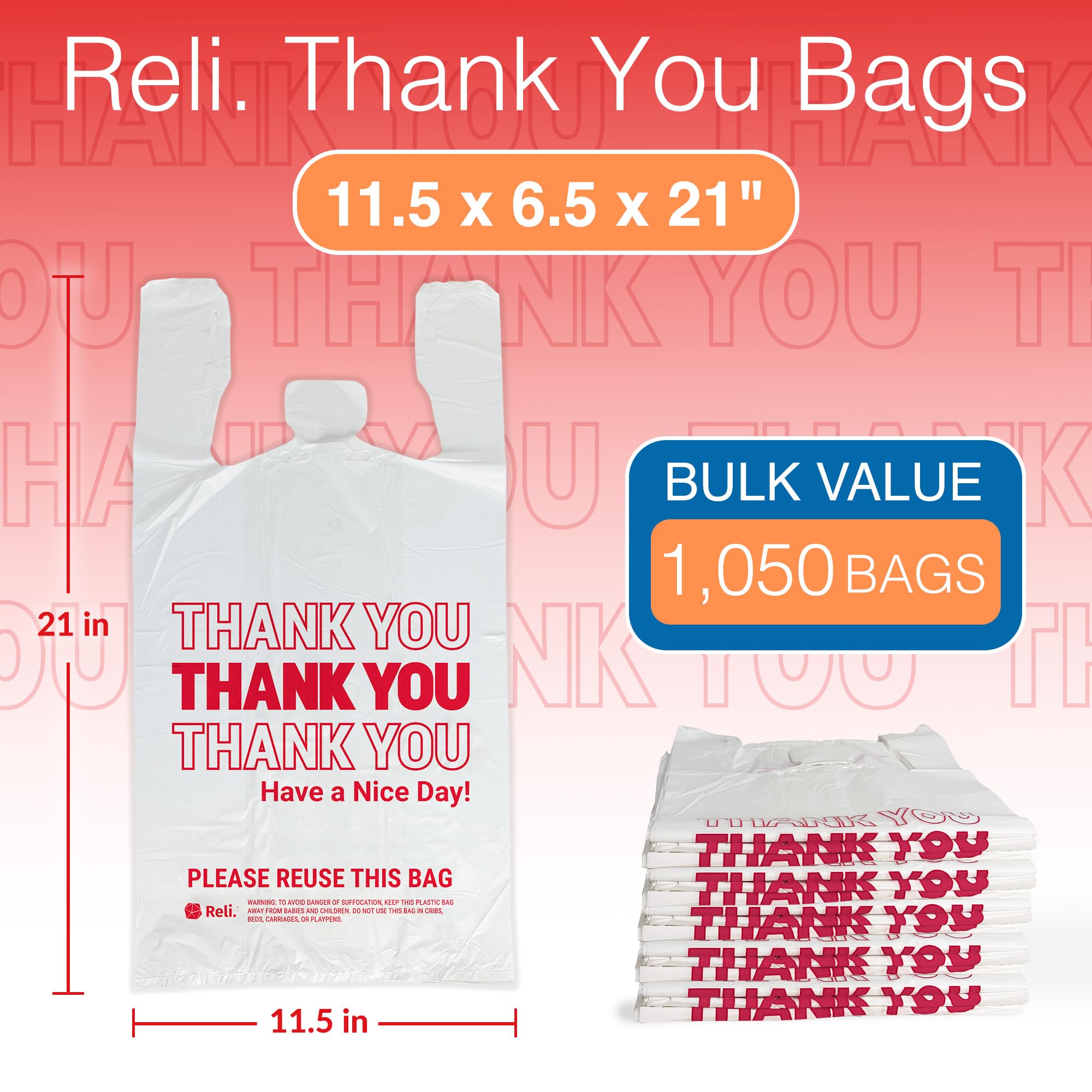 Reli. Plastic Bags Thank You (1050 Count) | White Grocery Bags, Plastic Shopping Bags with Handles