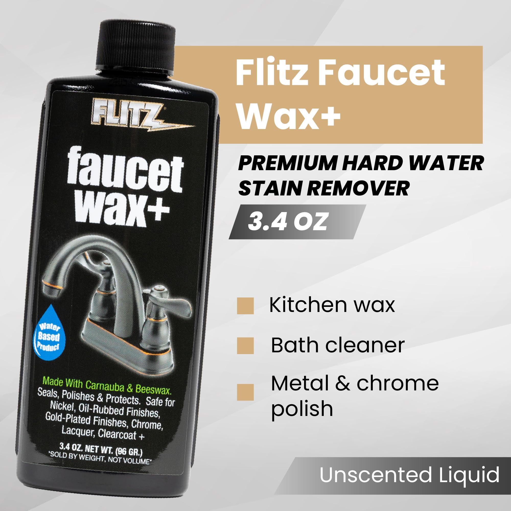 Flitz Faucet Wax - Cleans Metal, Protects Against Fingerprints, Water Spots - Restores Shine - Safe for Nickel, Brass, Copper, Stainless Steel, and More - 3.4 oz