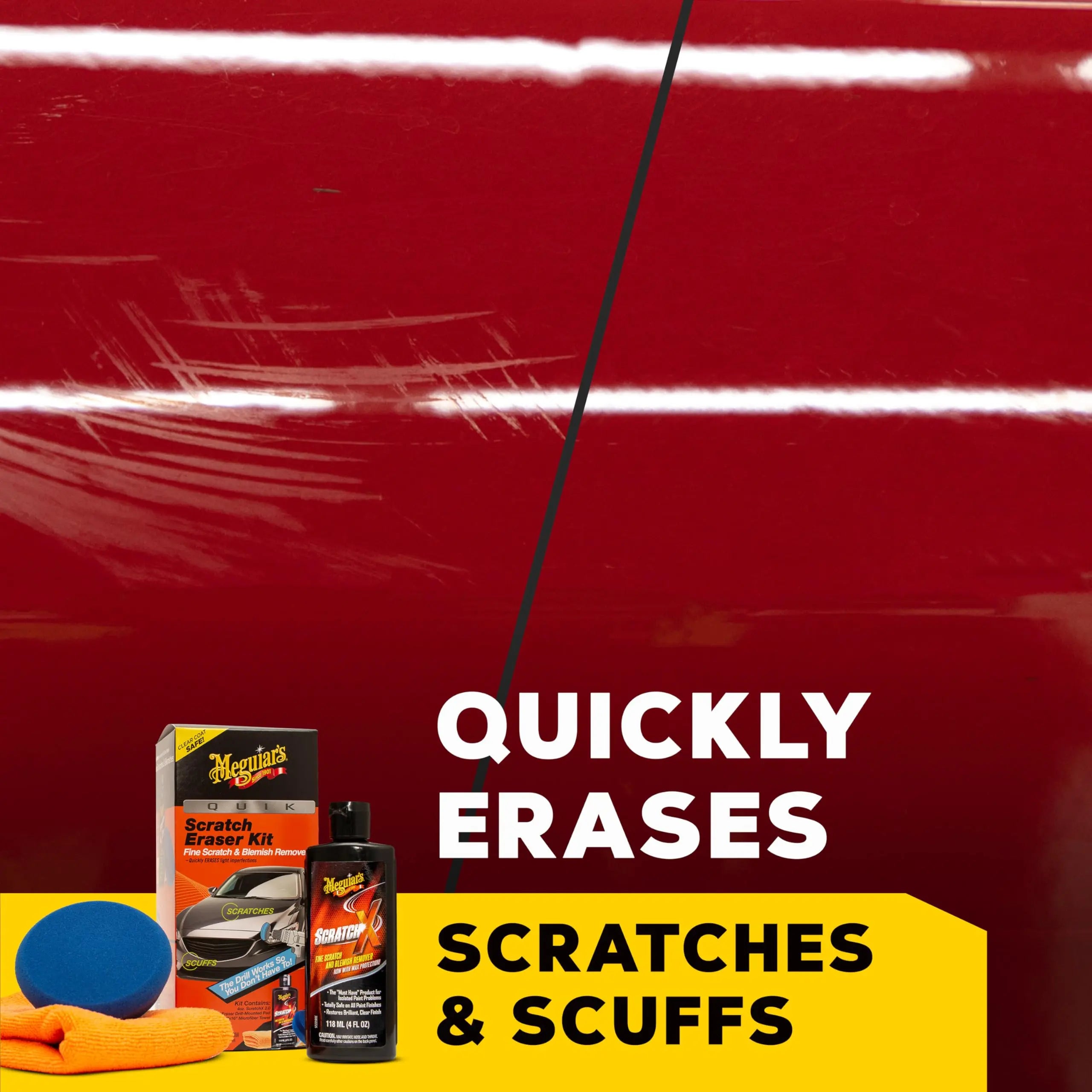 Meguiar's Quik Scratch Eraser Kit, Car Scratch Remover for Repairing Surface Blemishes, Car Care Kit with ScratchX, Drill-Mounted Pad, and Microfiber Towel, 4 Count