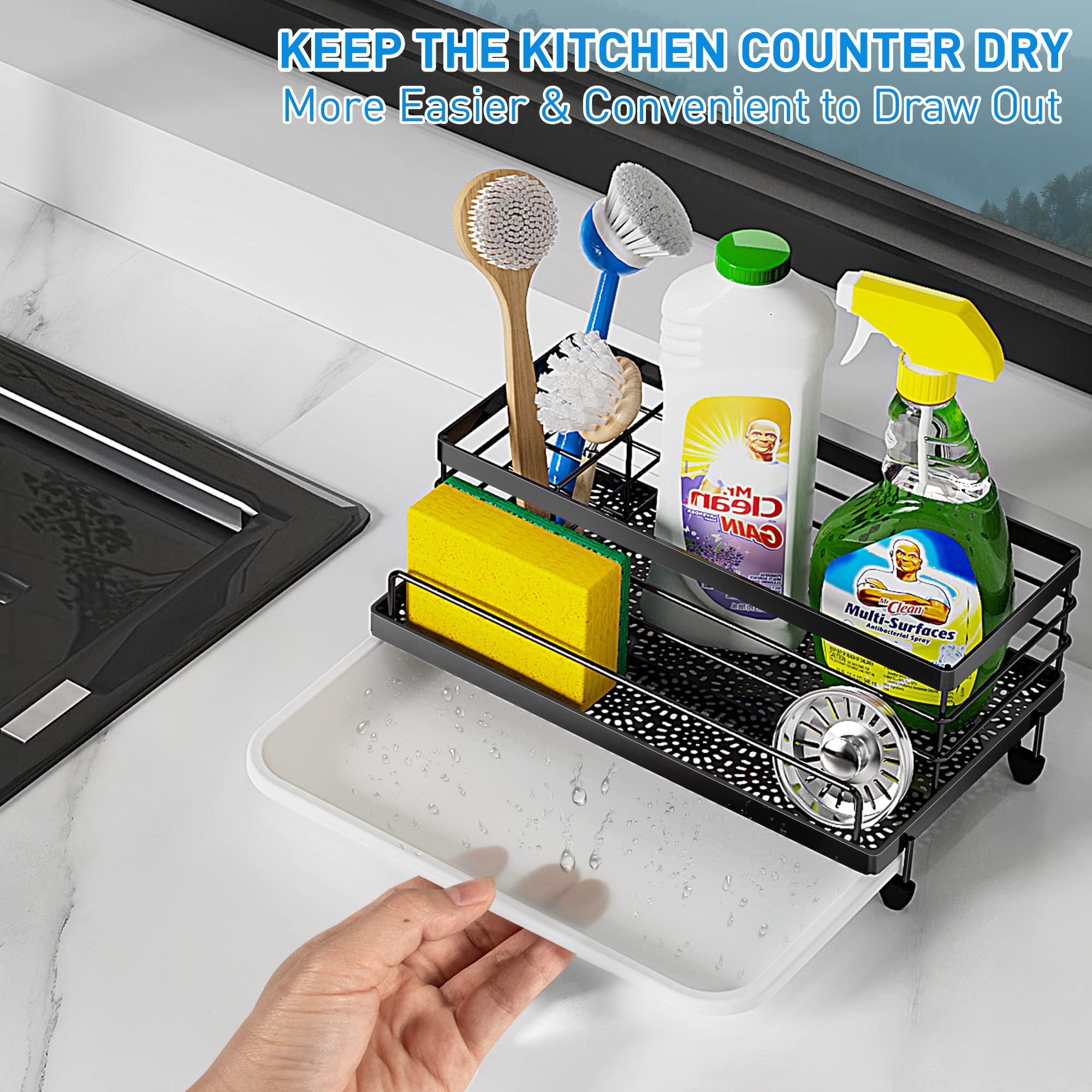 Cisily Large Black Sponge Holder for Kitchen, Sink Caddy Sink Organizer Rack for Kitchen Accessories with Drip Tray, Rustproof and Non-slip, Soap Dispenser Countertop Organizer Essentials for New Home
