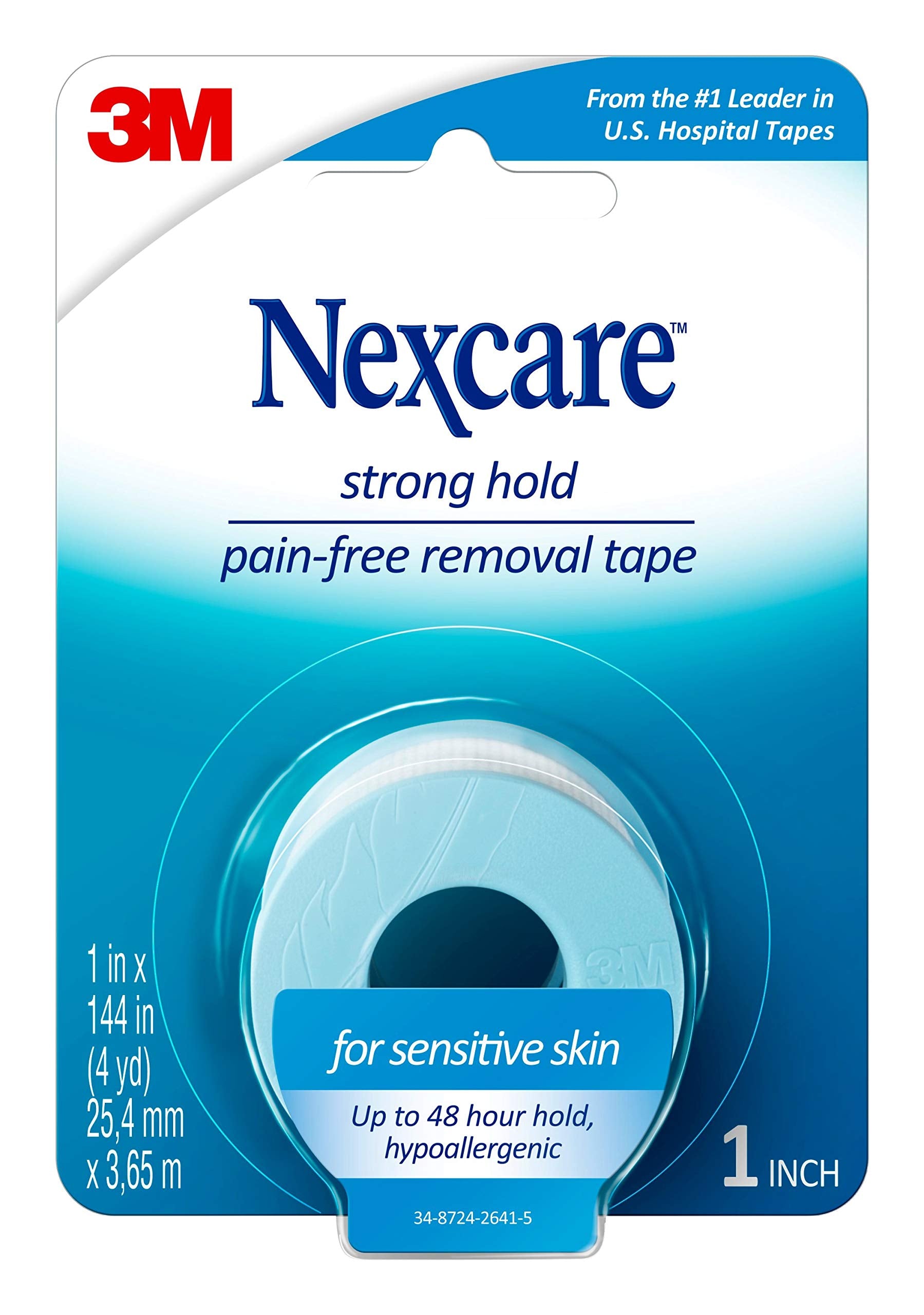 Nexcare Strong Hold Pain-Free Removal Tape for Sensitive Skin, 1 in x 4 yd, 1 Roll