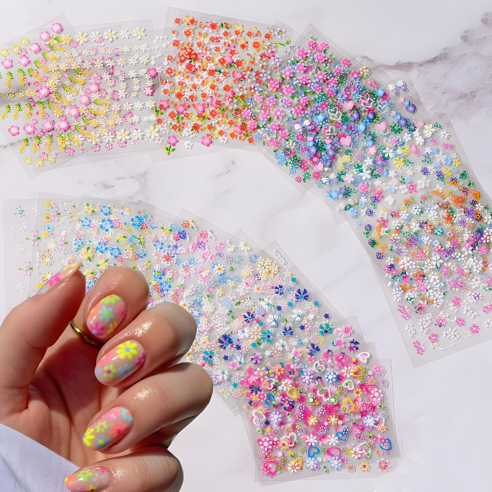 30 Blatt Blumen-Nagelsticker Abziehbilder Bunte Blumen-Nagelsticker 3D Selbstklebende Süße Gänseblümchen Blumen-Nagelsticker Herz-Nagelzubehör Nagelkunst-Design Deko-Accessoires für Damen und Mädchen