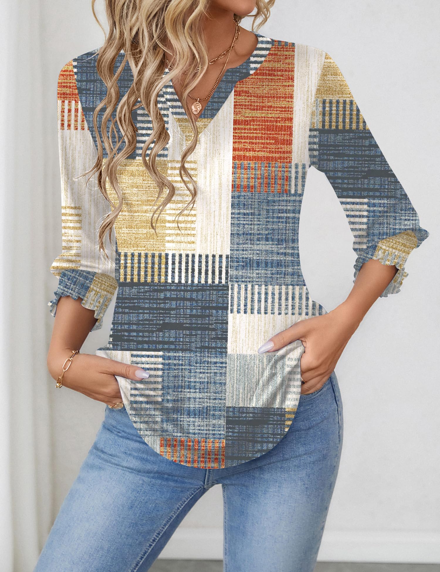 LOMON Blouses for Women Dressy Casual 3/4 Sleeve Tops for Women V Neck T Shirt Ladies Tops and Blouses Orange Blue Print L