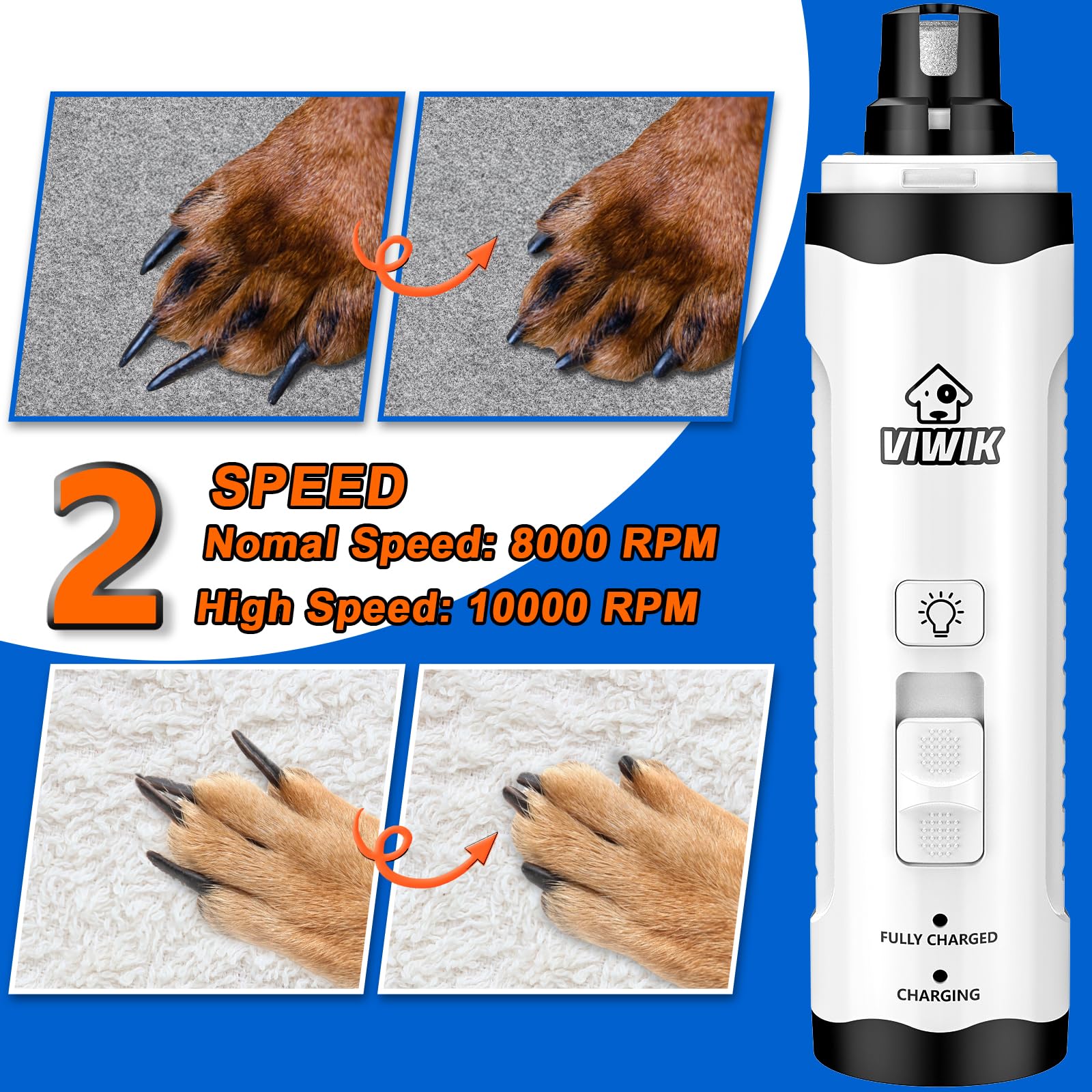 VIWIK Dog Nail Trimmers with Light, Cat Dog Nail Clippers, Dog Nail Grinder Quiet for Large Medium Small Dogs Paw & Cats Claw, Electric 2-Speed Pet Toenail Grooming Supplies, Gifts for Dog Lovers.