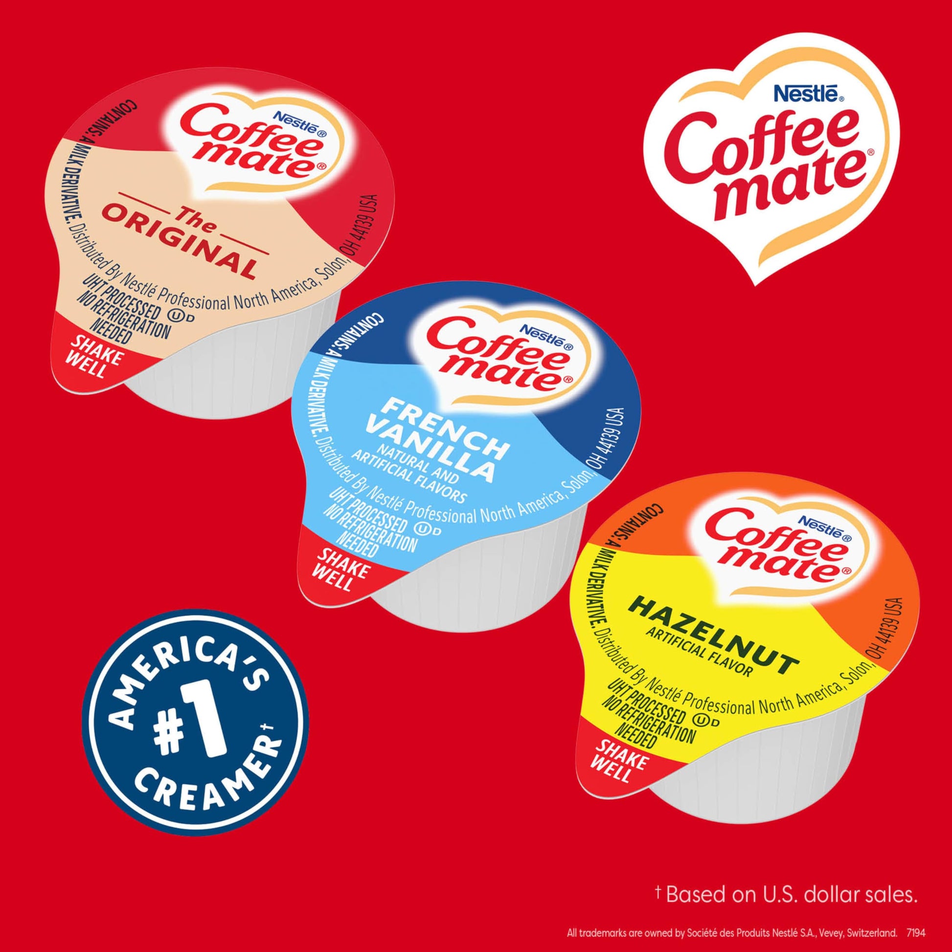 Nestle Coffee mate Creamer Singles Variety Pack, Original, French Vanilla, Hazelnut, Non Dairy, No Refrigeration, 0.375 fl oz Tubs, 150 Count (Pack of 50 Per Flavor)