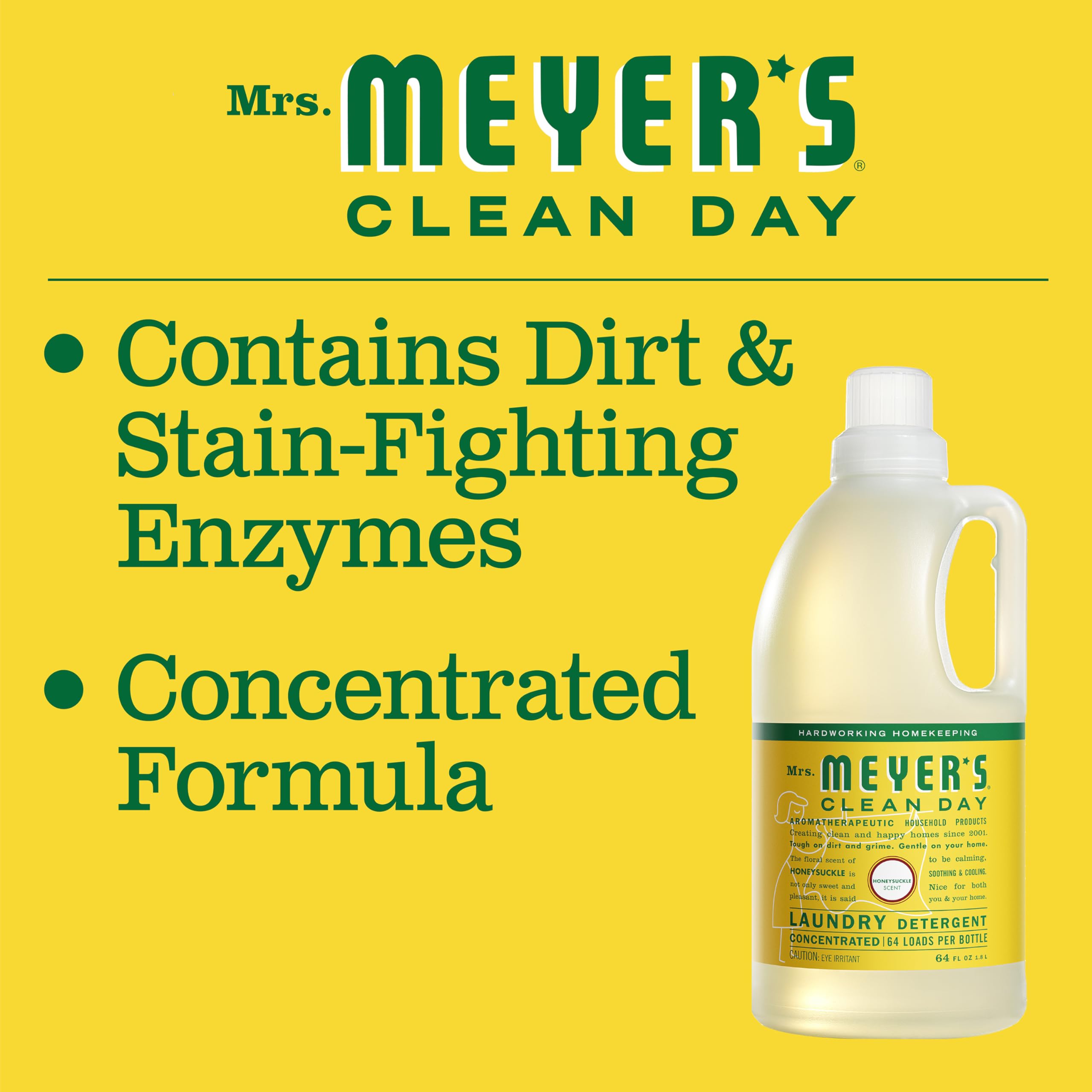 MRS. MEYER'S CLEAN DAY Liquid Laundry Detergent, Biodegradable Formula Infused with Essential Oils, Honeysuckle, 64 oz - Pack of 2 (128 Loads)