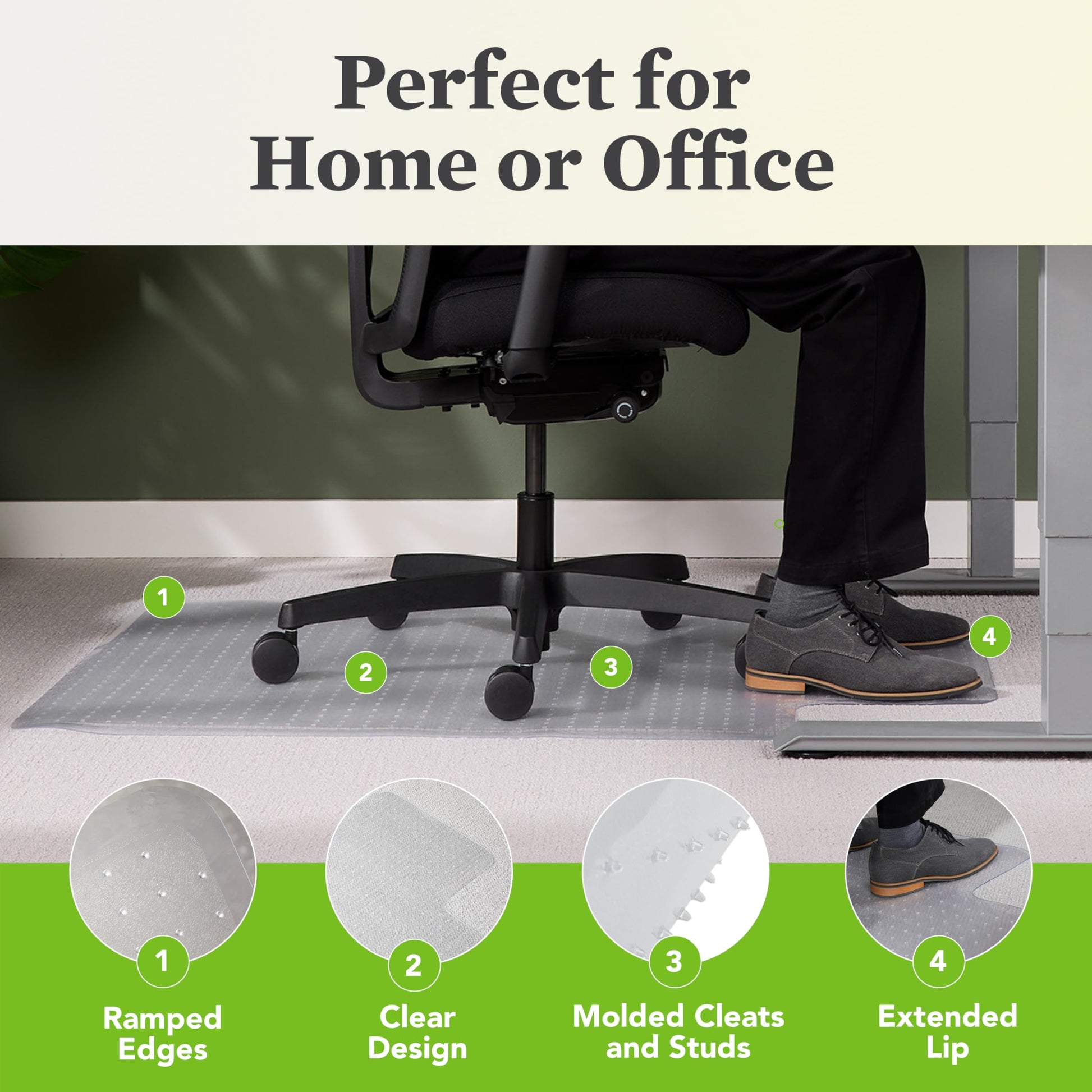 HON Office Chair Mat for Carpet, Computer Desk Chair Mat for Carpeted Floors, Easy Glide for Office or Home with Extended Lip (36” x 48”)