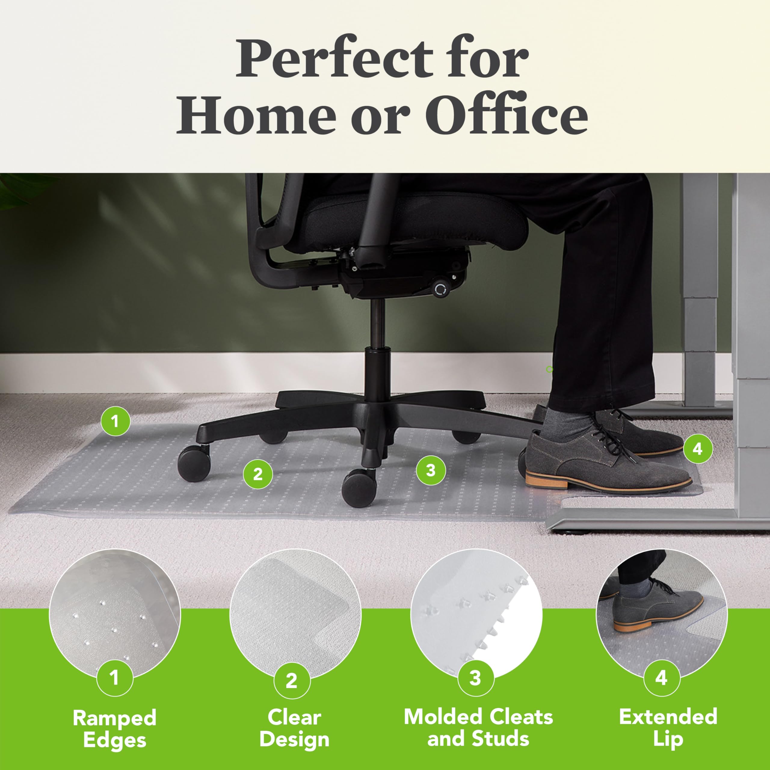 HON Office Chair Mat for Carpet, Computer Desk Chair Mat for Carpeted Floors, Easy Glide for Office or Home with Extended Lip (36” x 48”)