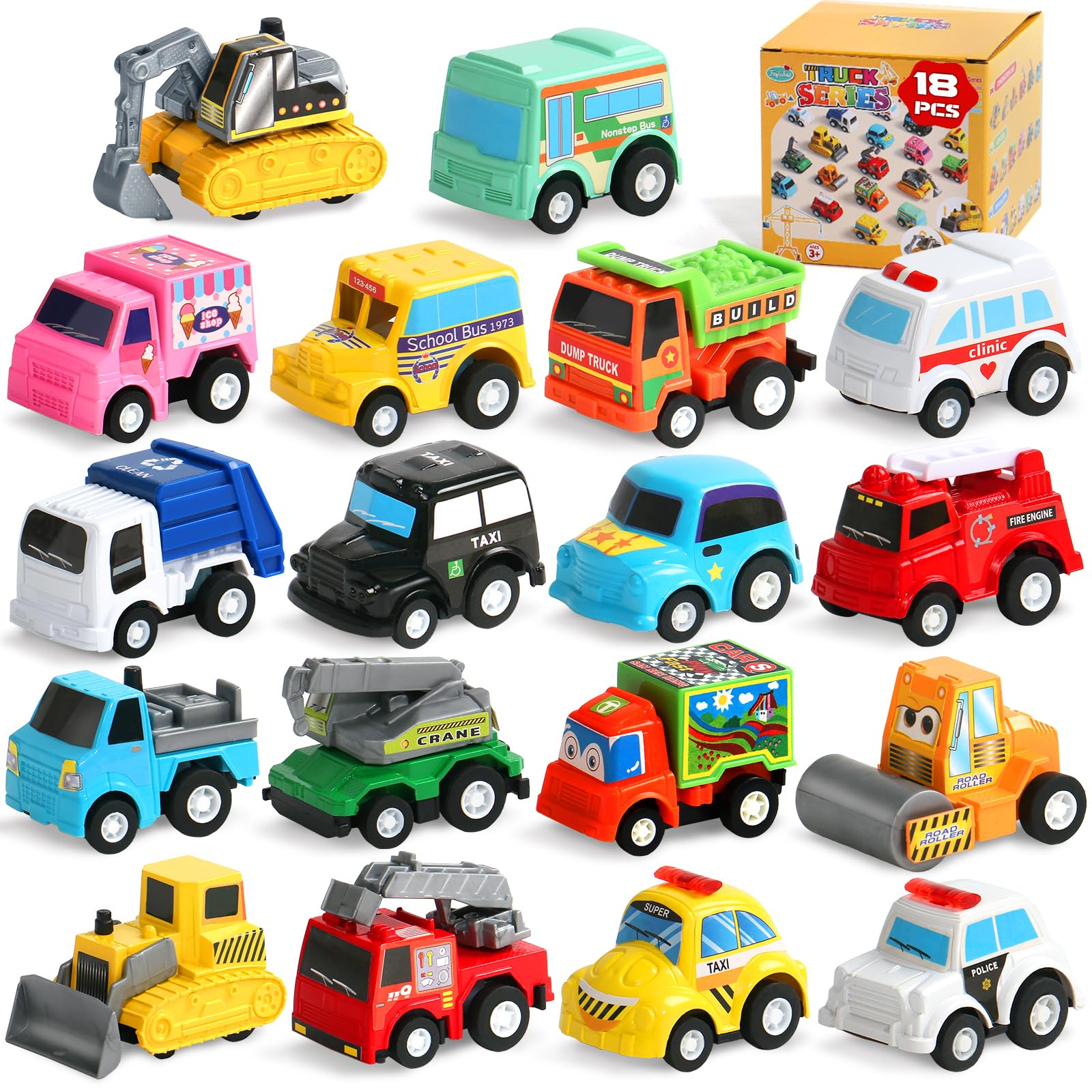 Fajiabao 18 Pcs Toddler Toys Cars for 1-3-5 Mini Pull Back Cars Small Toy Trucks Toddler Party Favors Stocking Stuffers Operation Christmas Child Bulk Kids Prizes for 2 3 4 5 6 Boys Girls