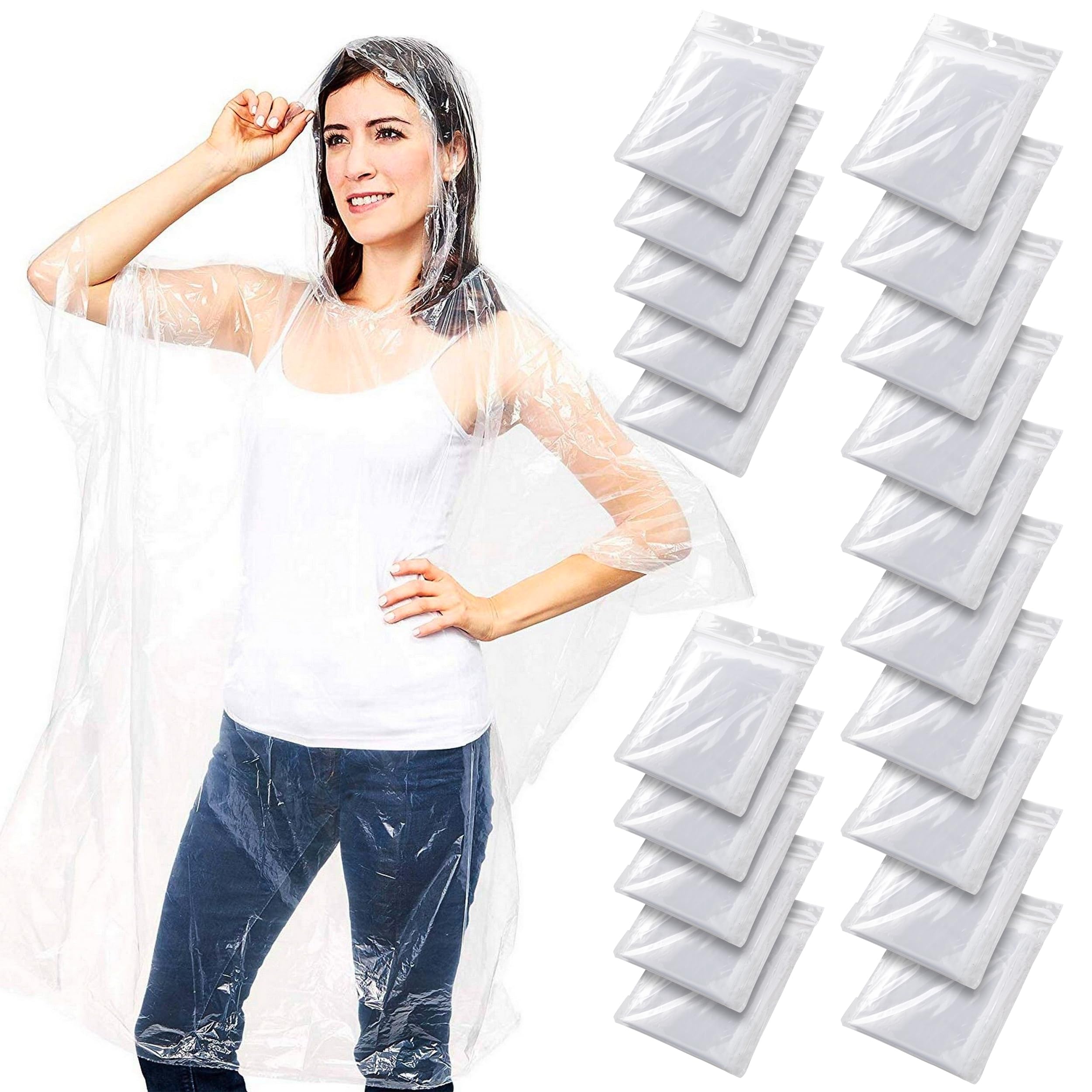 Juvale Einweg-Regenponchos für Erwachsene – 20er-Pack, Einheitsgröße, durchsichtige Kapuze – Plastikponchos im Großpack & Notfall-Regenausrüstung für Camping & Festivals