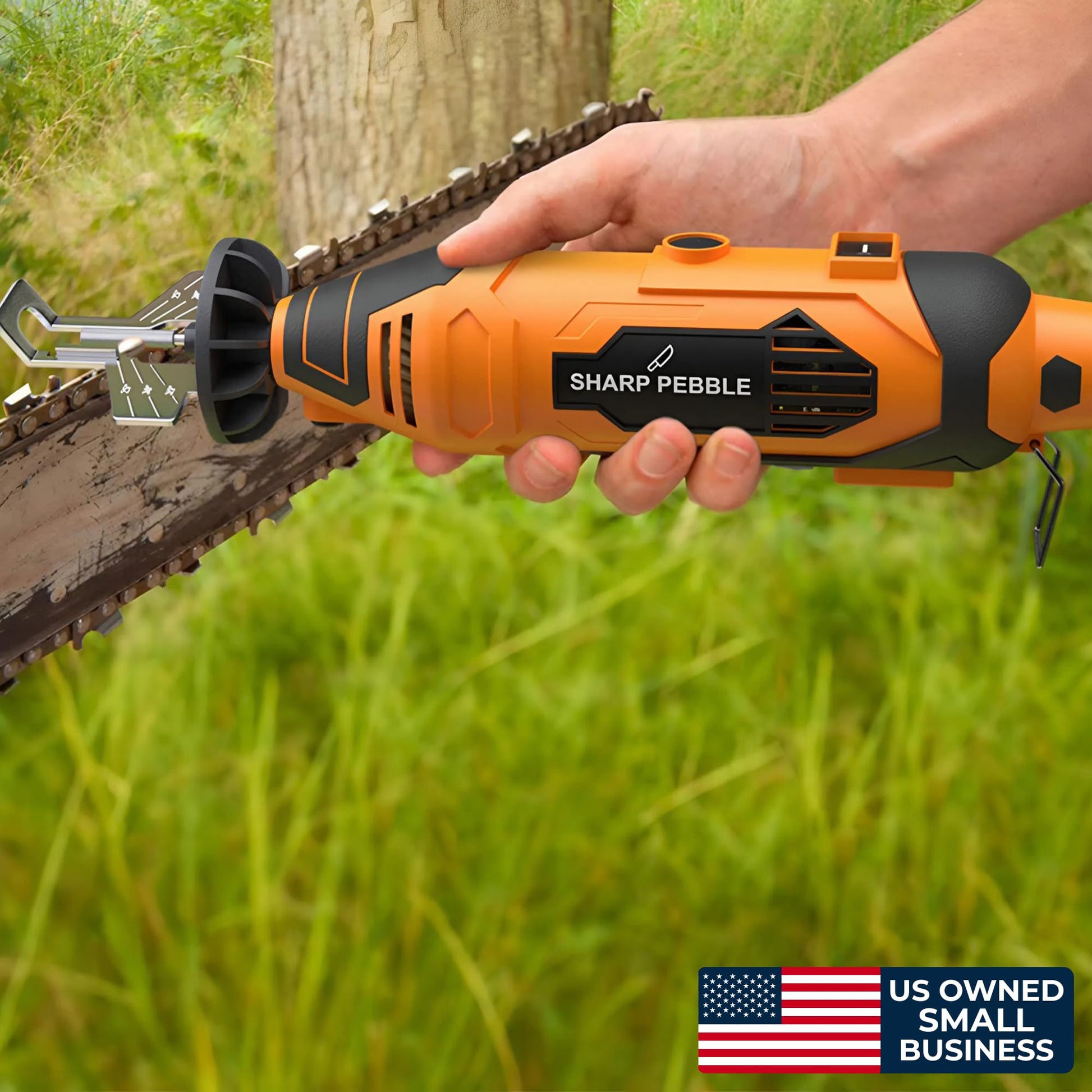 Sharp Pebble Electric Chainsaw Sharpener Kit - Comes with Chain Saw Sharpener Tool, 4 File Size Sharpening Wheel Bits, Angle Attachment, Wrench & eBook