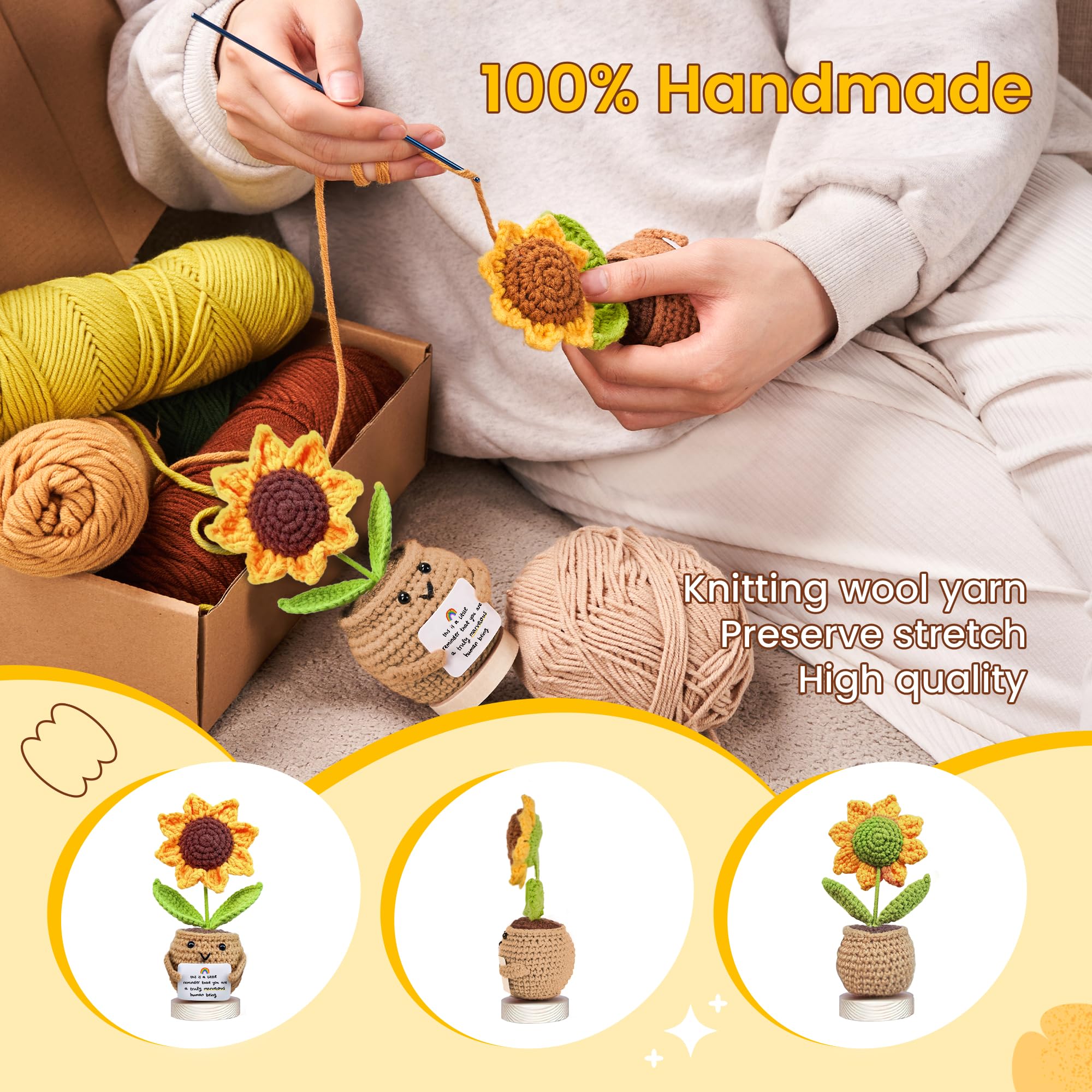 Gossby Positive Sunflower Doll Crochet with Card - This is A Little Reminder - Appreciation Gift for Coworker, Best Friend, Teacher, Sister, Mom - Christmas, Birthday, Thank You Gift for Women, Men