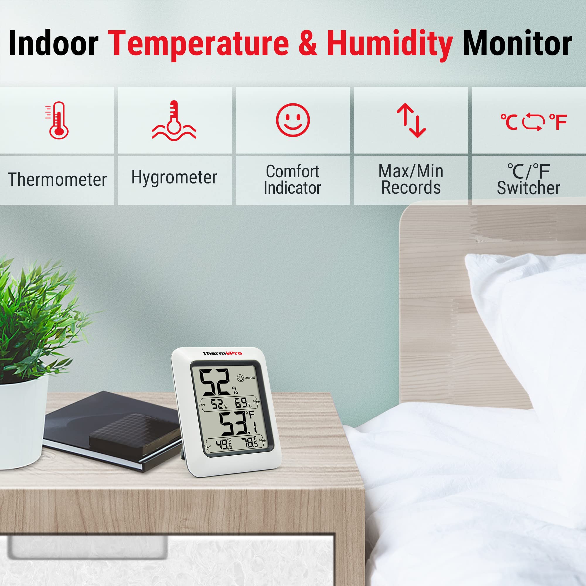 ThermoPro TP50 Digital Hygrometer Indoor Thermometer Room Thermometer and Humidity Gauge with Temperature Humidity Monitor
