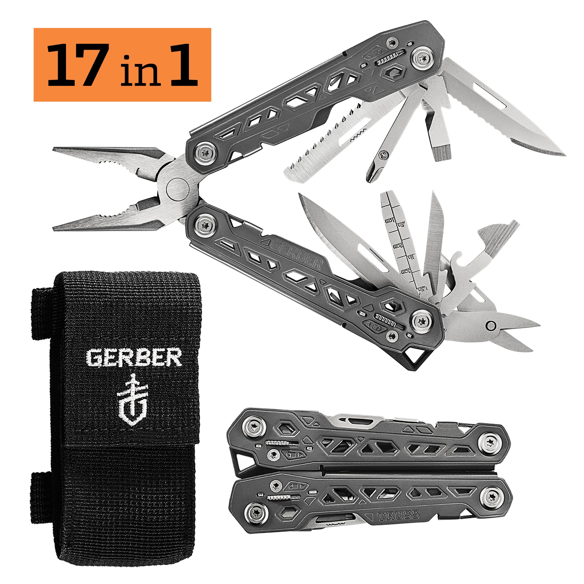 Gerber Gear Truss 17-in-1 EDC Needle Nose Pliers Multi tool - includes Pocket Knife, Screwdriver, and Bottle Opener Accessories - Gifts for Men, Fishing and Camping Gear - Gray with Molle Sheath