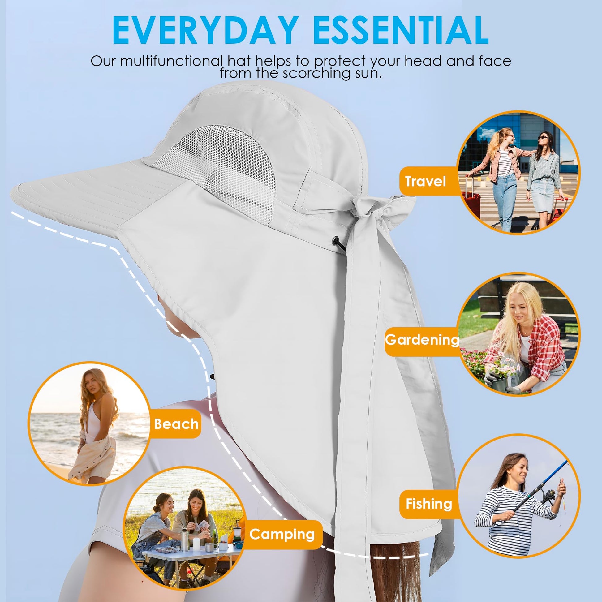 Womens Sun Hat UV Protection, Foldable Waterproof Wide Brim Bucket Hats with Neck Flap for Summer Beach Fishing Hiking Light Grey