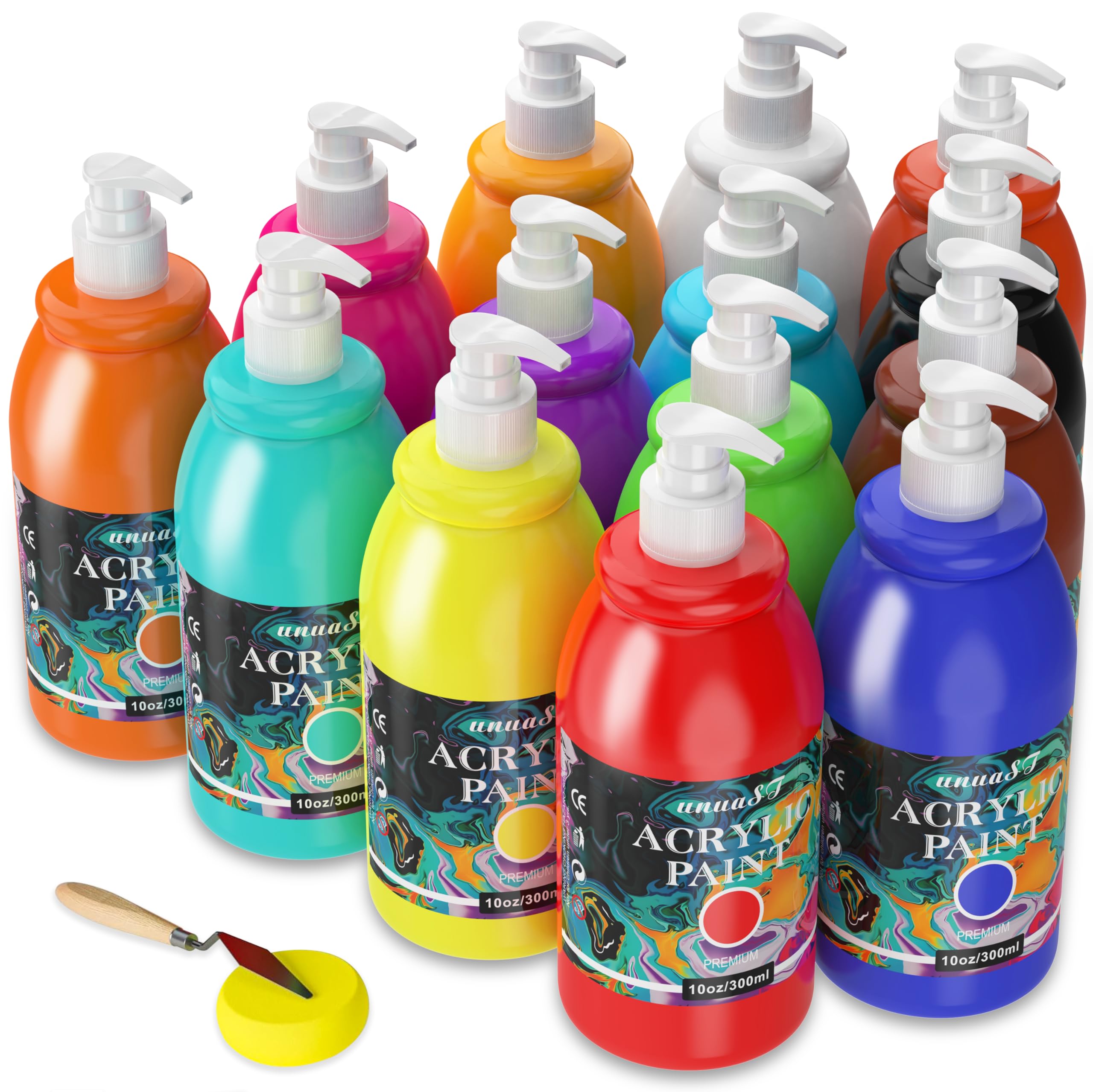 unuaST Acrylfarben-Sets für Erwachsene, 14 Farben, große Mengen Acrylfarben-Kits, reich pigmentierte Kunstmalerei-Materialien für Künstler/Anfänger, Acrylfarben-Sets für Leinwand mit Pumpe, Farbrad (300 ml)