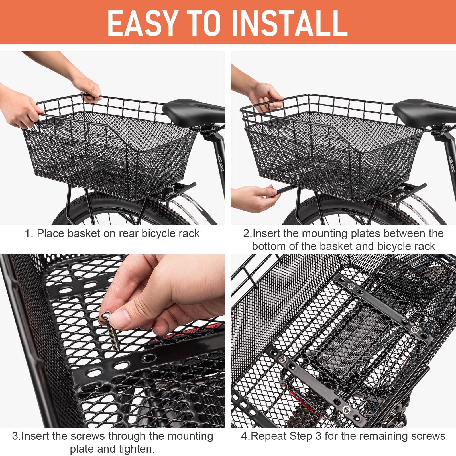 Rear Bike Basket - Large Bicycle Rear Basket with Cargo Net and Waterproof Cover, Wire Bike Baskets Rear Large Capacity (NO Bike Rack Include)
