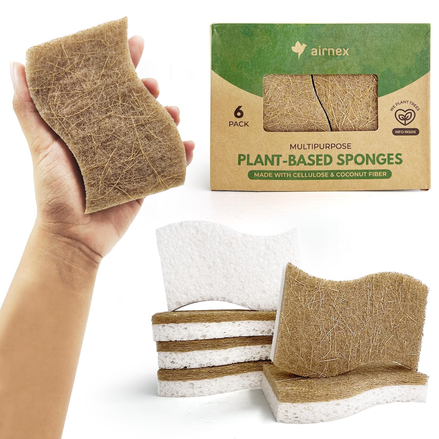 AIRNEX Natural Kitchen Sponges Pack of 6 - Cellulose and Coconut Husk Dishwashing Sponges - Odor Free Non Scratch Walnut Scrubber Sponges - Eco Friendly Quick Drying Scrub Sponges for Washing Dishes