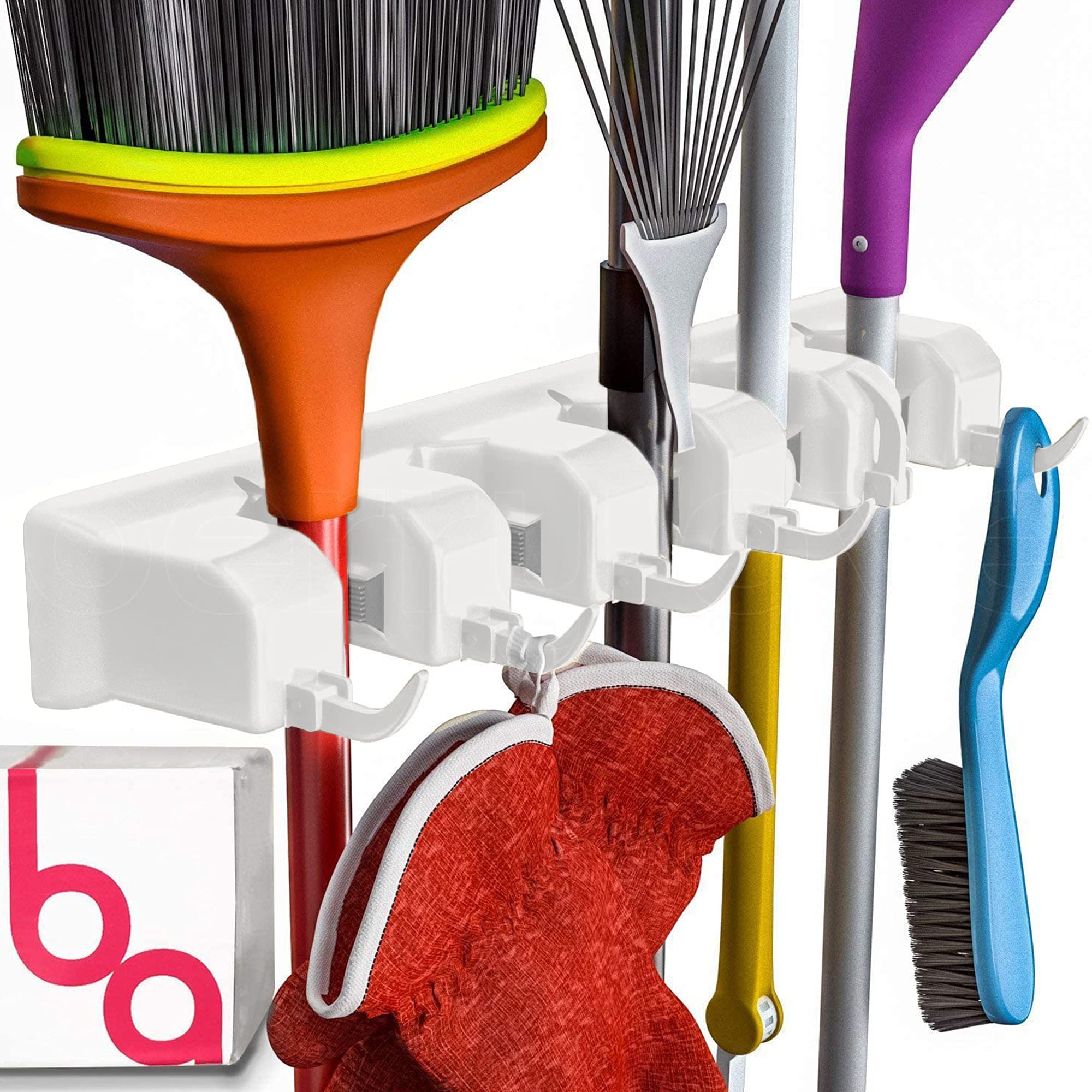 Berry Ave Broom Holder & Wall Mount Garden Tool Organizer - Home Laundry Room, Kitchen, Closet, Shed, Garage Organization and Storage Utility Rack - 5 Slots & 6 Hooks -Rake, Shovel, Mop Hanger (Black)