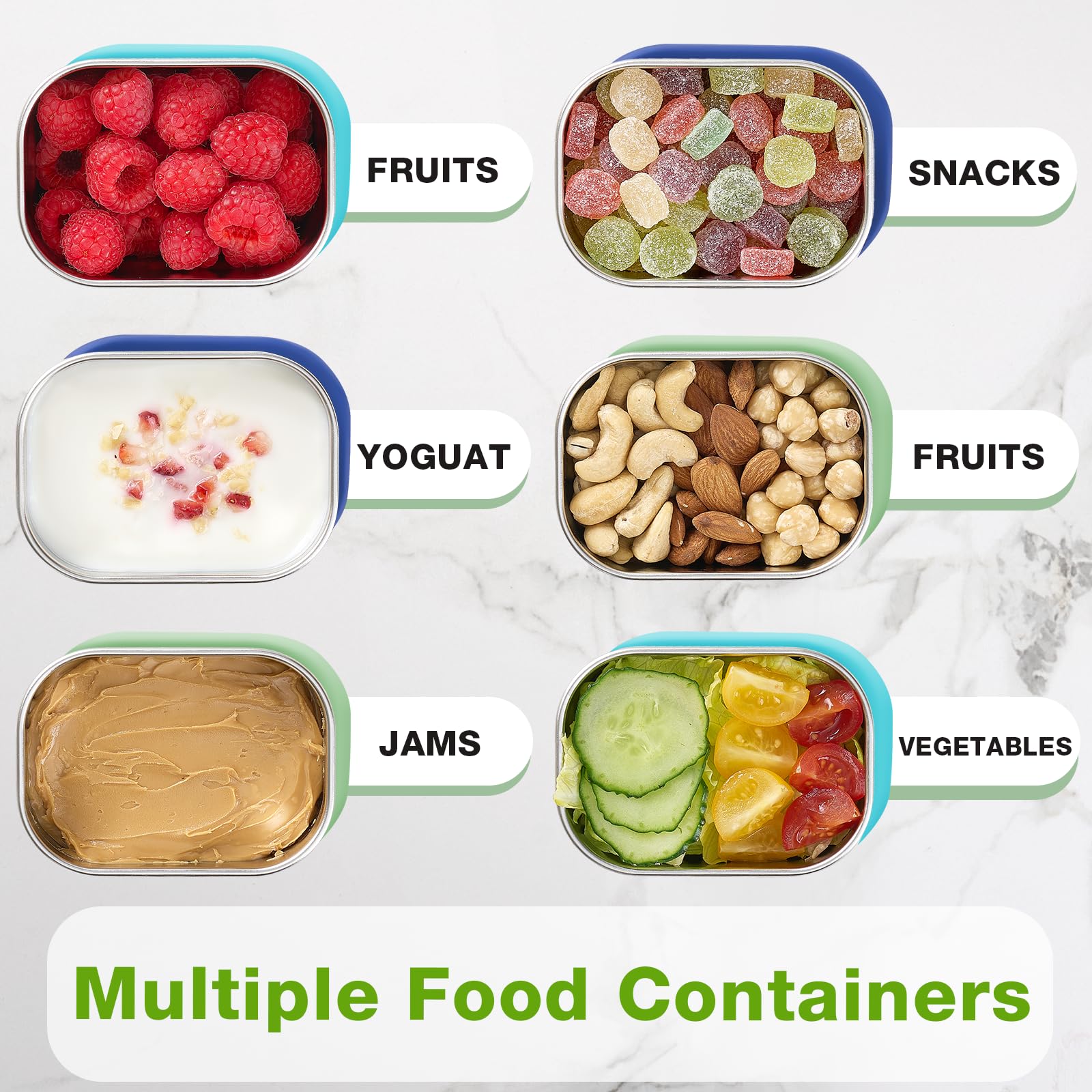 Gencywe 3 Pack Stainless Steel Snack Containers for Kids, 8 oz Easy Open Leak Proof Small Toddler Snack Containers with Silicone Lids, Stackable Metal Lunch Box for Daycare and School (Blue)