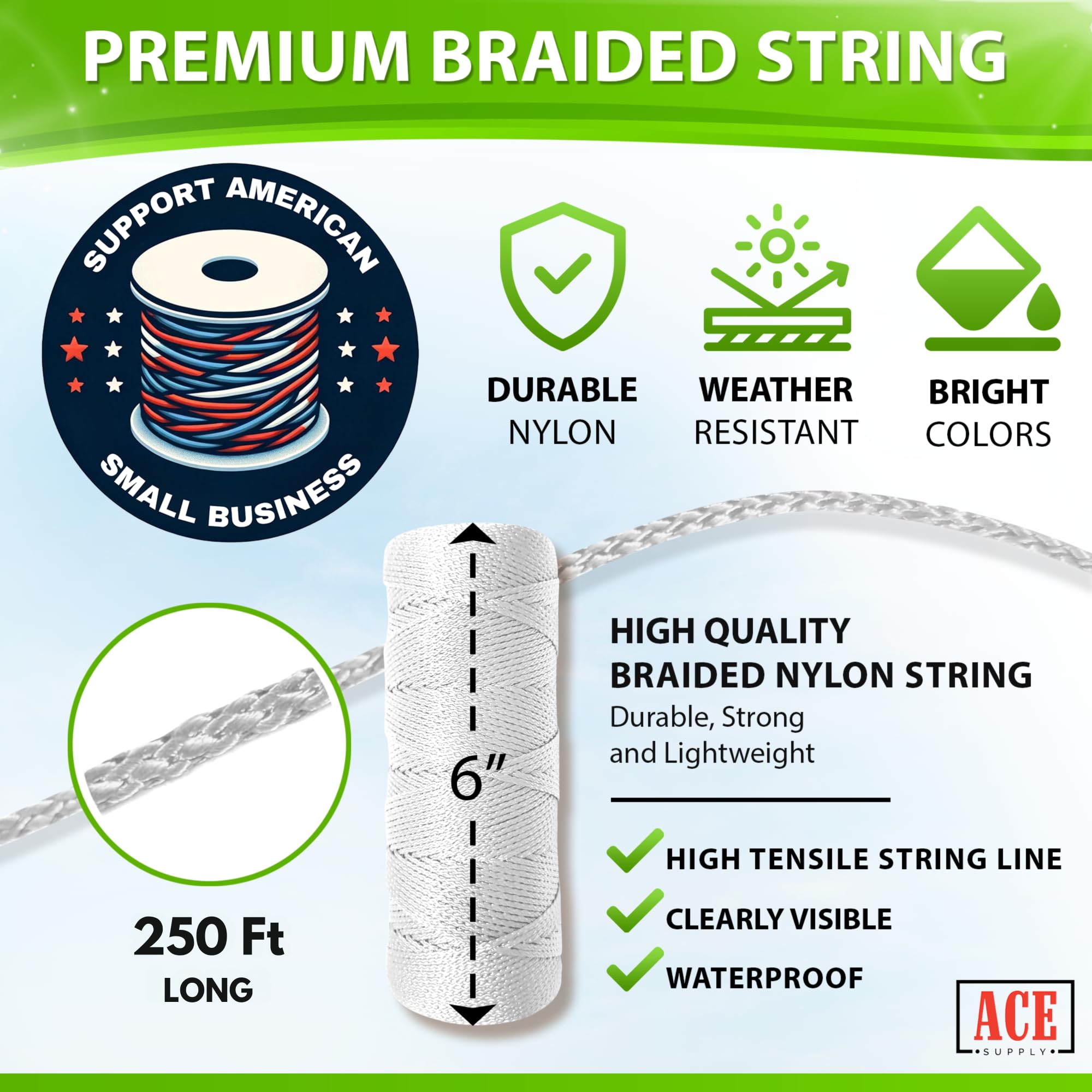 Bright White Mason Line String Line - #18 Braided Nylon String - 250 Ft Length - Nylon Twine for Gardening Or Masonry Tools - Perfect Construction String for A String Level, Twine String for Gardening