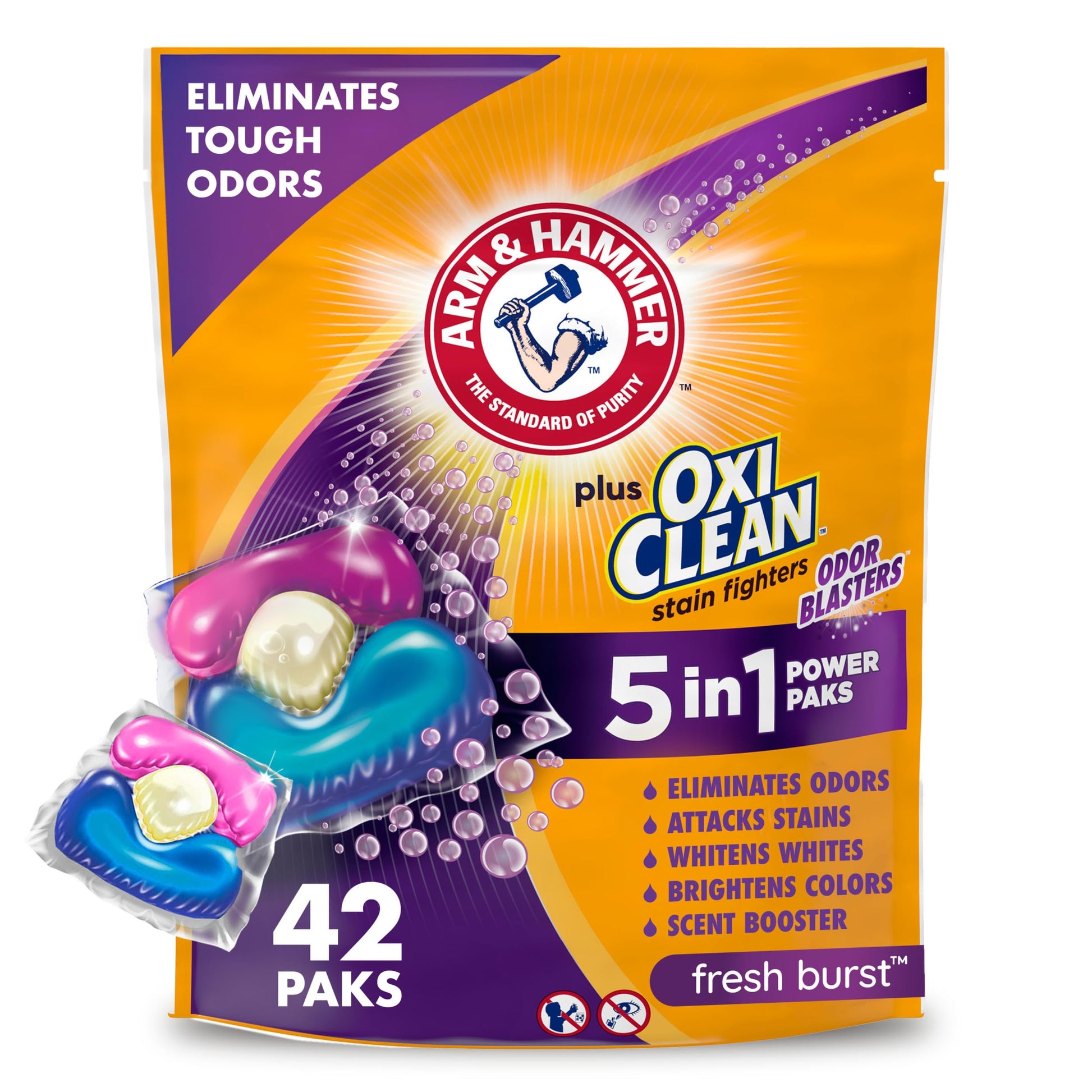 ARM & HAMMER Plus OxiClean with Odor Blasters 5-in-1 Laundry Detergent Power Paks, Laundry Odor Remover, Eliminates Odors, Attacks Stains, Fresh Burst Scent, 42 Count​