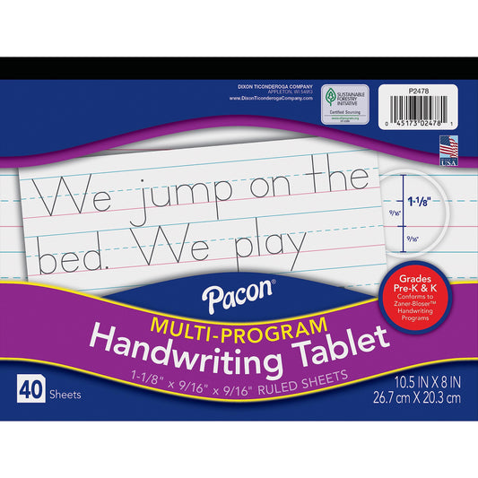 Pacon Handwriting Paper, Zaner-Bloser Grades Pre-K & K, 1-1/8" x 9/16" x 9/16" Ruled 10-1/2" x 8", Ruled Long, 40 Sheets