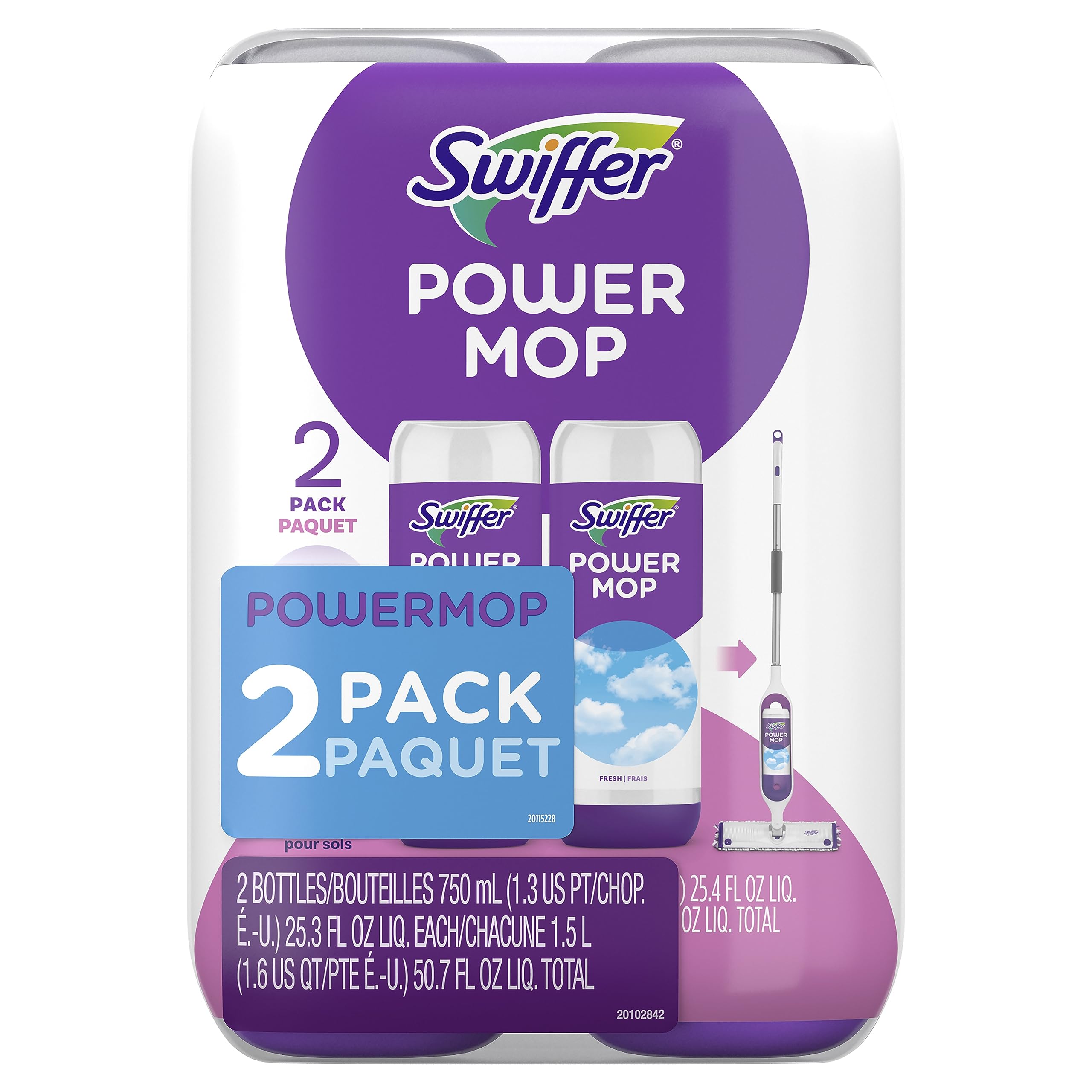 Swiffer PowerMop Floor Cleaning Solution with Fresh Scent, PowerMop Refills, Floor Cleaner for Mopping, 25.3 fl oz, 2 Pack