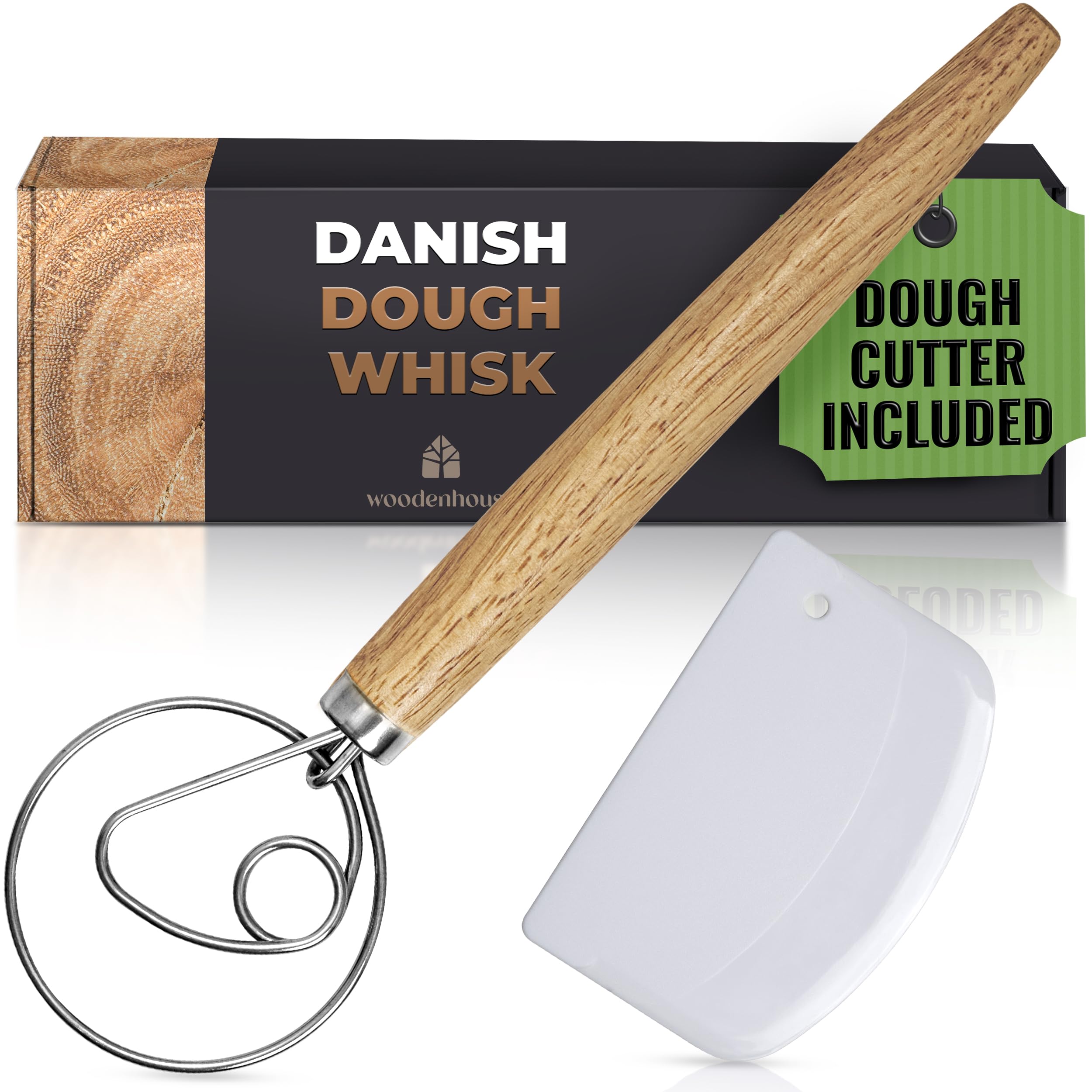 Danish Dough Whisk, Bread Whisk 13" with Dough Cutter - Sourdough Whisk for Baking with Stainless Steel Dough Hook, Bread Dough Whisk for Sourdough, Pizza, Pastry, Cake Batter, Kitchen Gifts for Mom