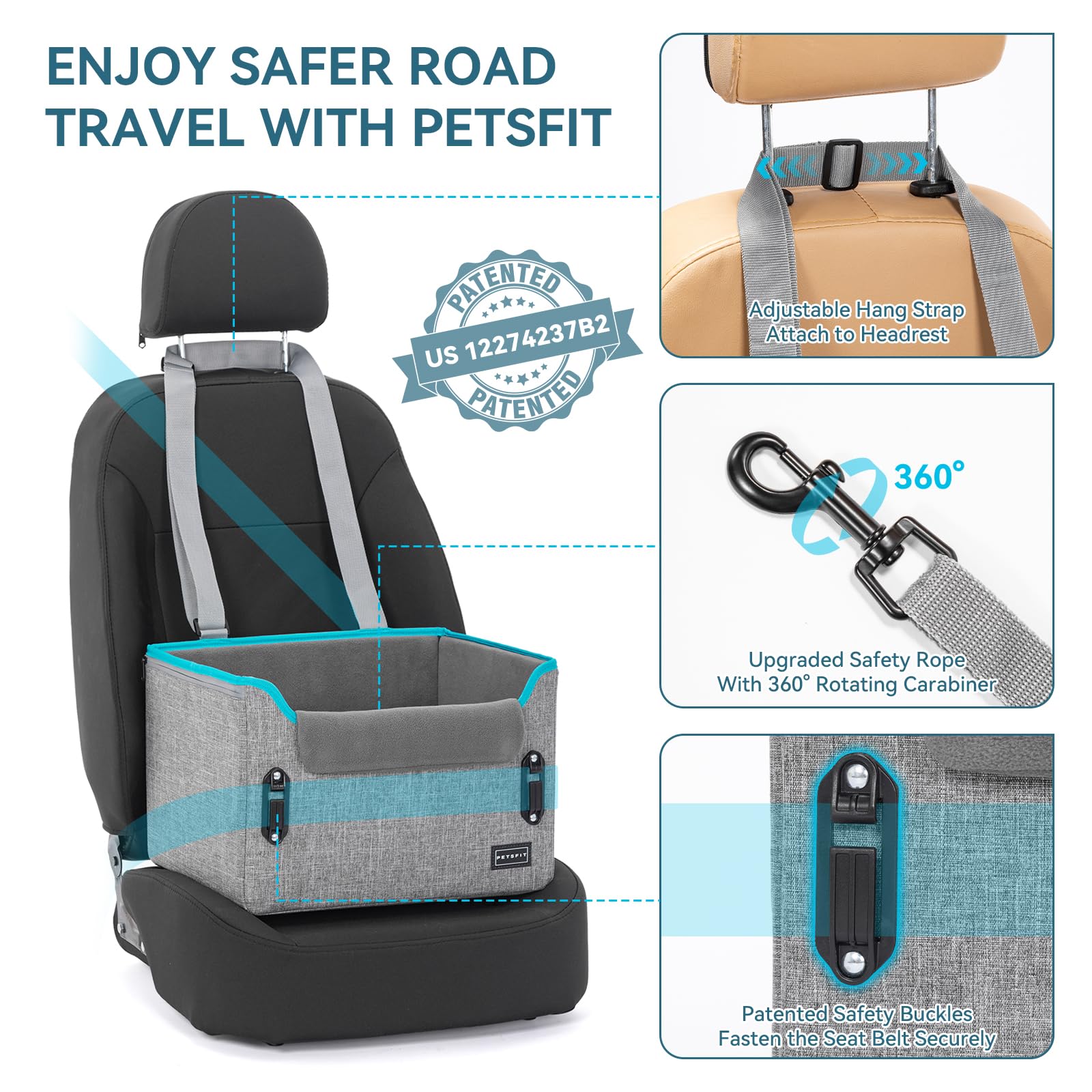 PETSFIT Dog Car Seats for Small Dogs, Patent Safety Buckles Dog Booster Car Seat, Dog Carseat with Safety Belt, Suitable for Small Pets Up to 25lbs (Grey)