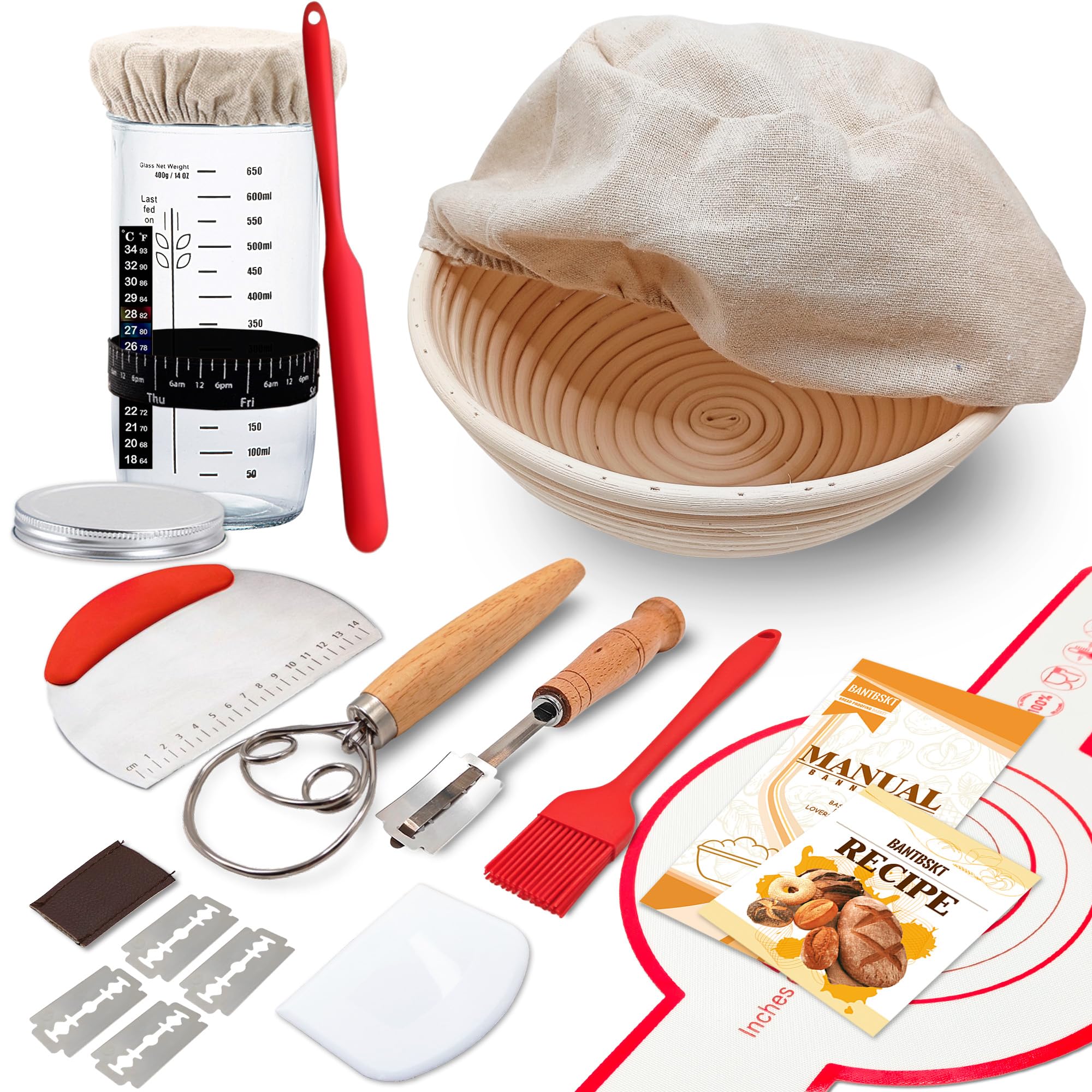 Complete Sourdough Starter Kit, Banneton Bread Proofing Basket with Glass Sourdough Starter Jar, Sourdough Bread Baking Supplies, 9'' Round Bread Proofing Basket, Sourdough Starter for Bread Making Baking Fermentation