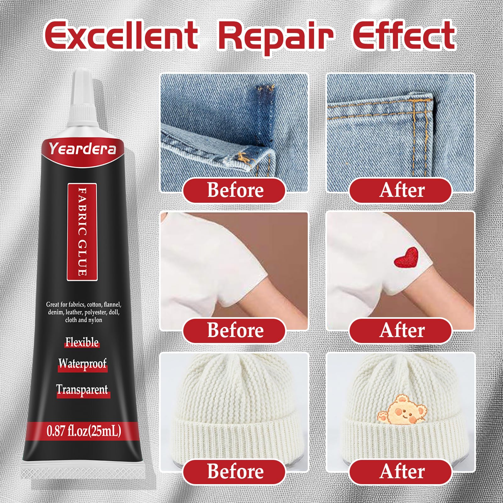 Yeardera Fabric Glue, Permanent, Clear, Washable Adhesive for Clothing, Patches, Leather, Cotton, Denim, Polyester, Flannel, and All Fabrics (Fabric Glue 25ml)