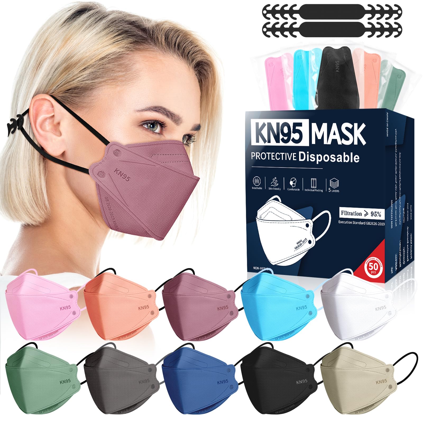 FENFEN KN95 Face Masks Disposable Adults - 50 Pack 5 Layer Protection Dust Breathable Comfortable Respirator Women KN95 Mask Individually Wrapped