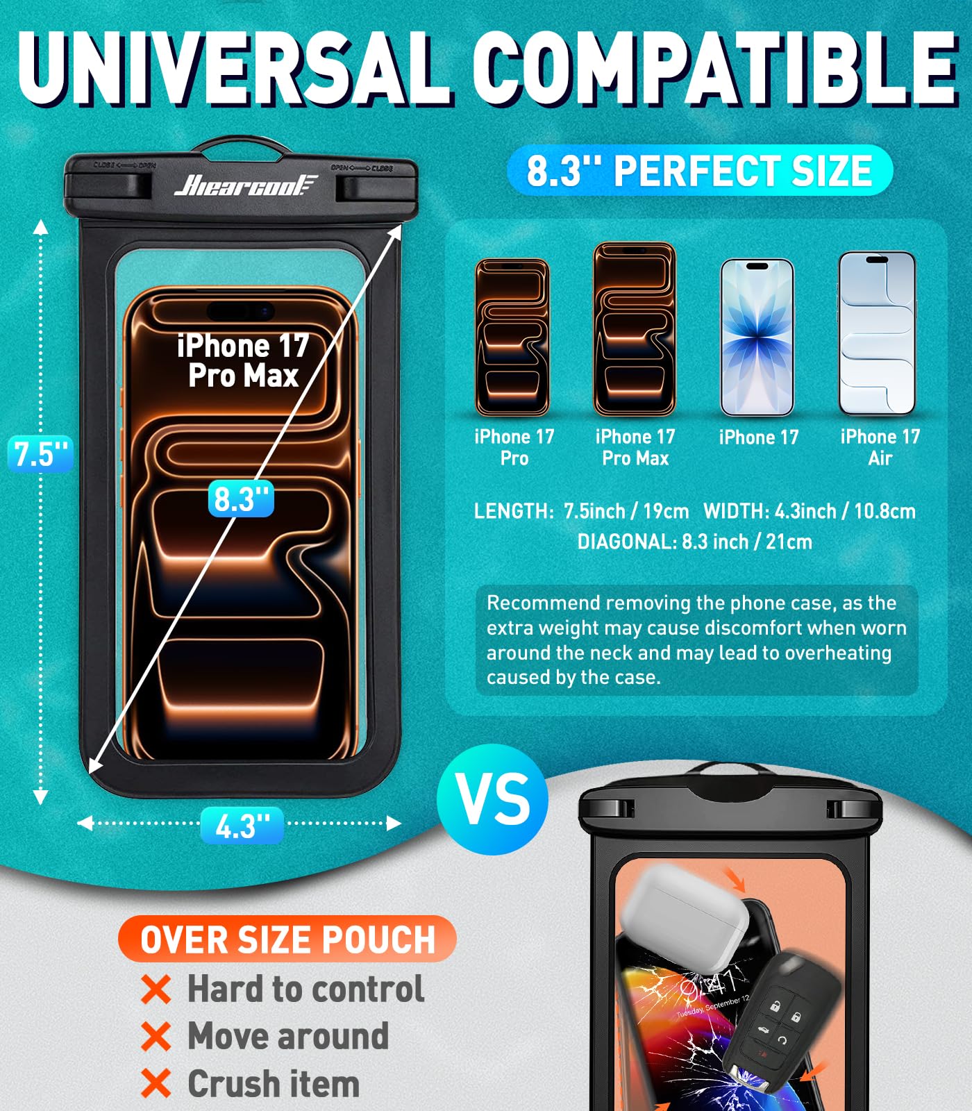 Hiearcool Waterproof Phone Pouch, Waterproof Phone Case for iPhone 17 16 15 14 13 Pro Max, IPX8 Cellphone Dry Bag Beach Cruise Ship Essentials 2Pack-8.3"