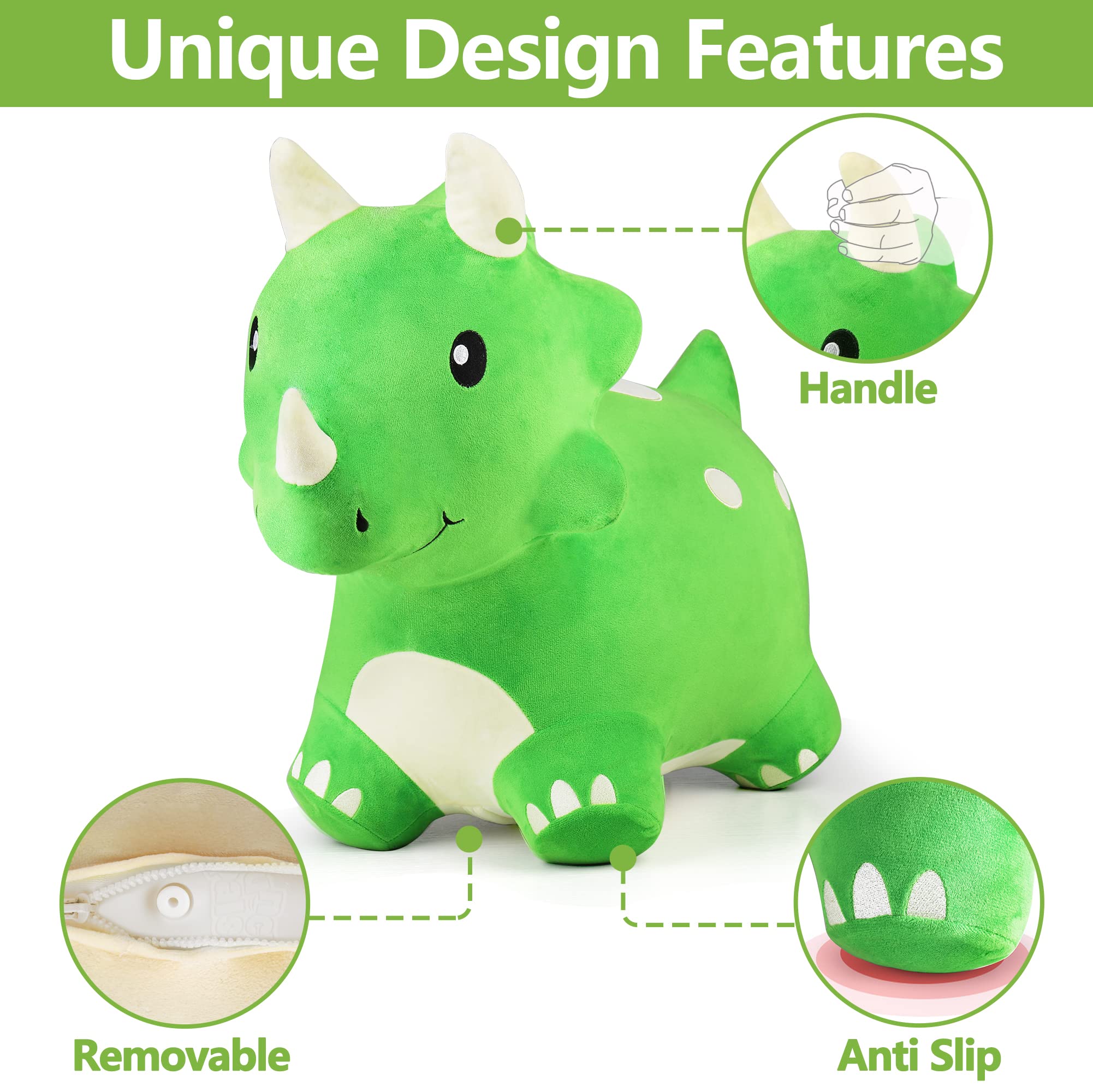 iPlay, iLearn Bouncy Pals Dinosaur Hopper Toy 2 Year Old Boy, Toddler Plush Bounce Animals, Ride on Bouncing Triceratops for Kids, Outdoor Hopping Horse Bouncer, Cool Birthday Gifts 3 4 5 6 Yr Girls