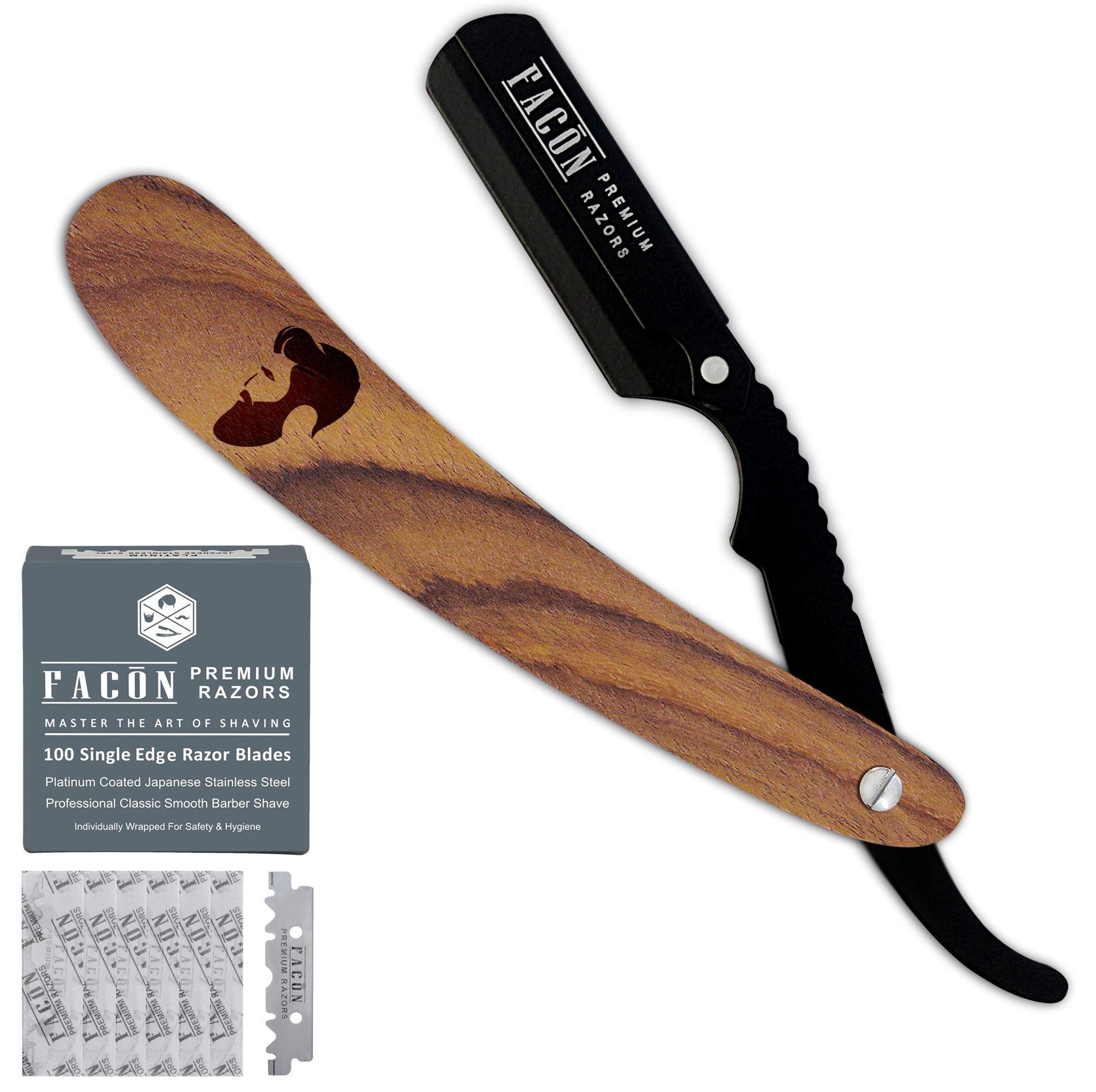 100 BLADES + Facón Professional Wooden Straight Edge Barber Razor - Salon Quality Cut Throat Shavette