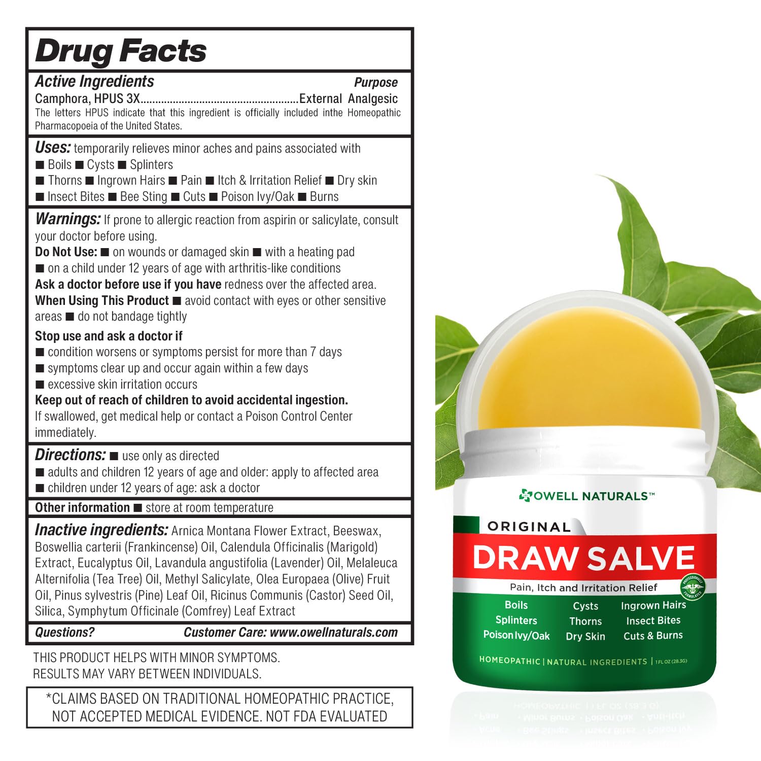 OWELL Naturals Drawing Salve Ointment for ingrown Hair, Boil & Cyst, Splinter Remover, Bug Spider Bites, bee Sting, Mosquito bite Itch, Poison Ivy, Flare, Hangnail