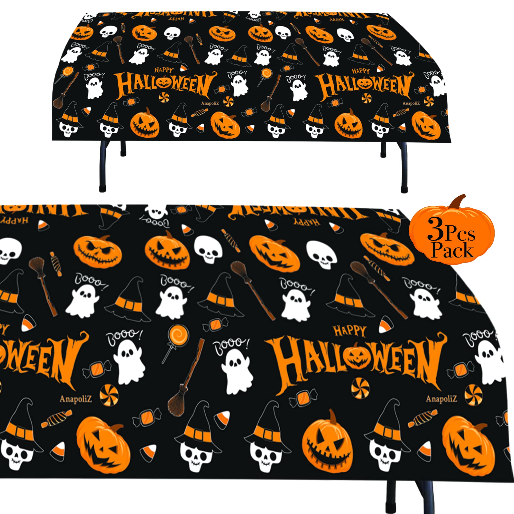 AnapoliZ Halloween Plastic Tablecloth | 3 Pcs Pack (54” Inch Wide x 102” Inch Long) | Halloween Rectangular Table Cover | Pumpkin, Witches Table Decoration | Halloween Party Decorations Tablecover