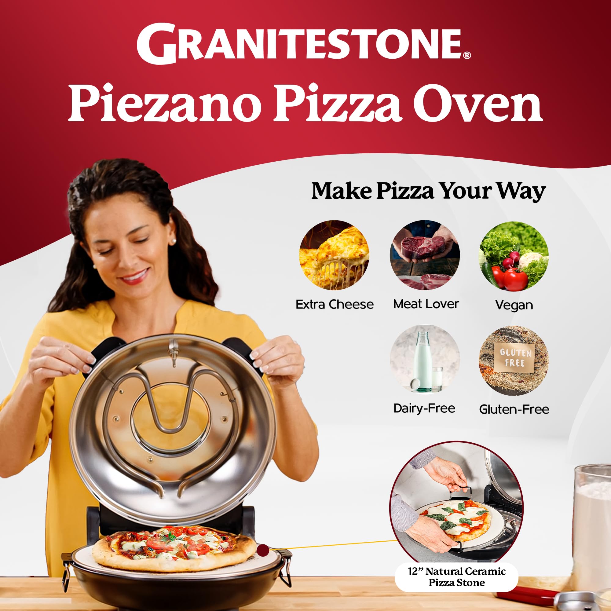 PIEZANO Crispy Crust Pizza Oven by Granitestone – 12 Inch Electric Pizza Oven Indoor Countertop Maker with Ceramic Stone Heats up to 800˚F for Delicious Stone Baked Pizzeria Style Pizza at Home