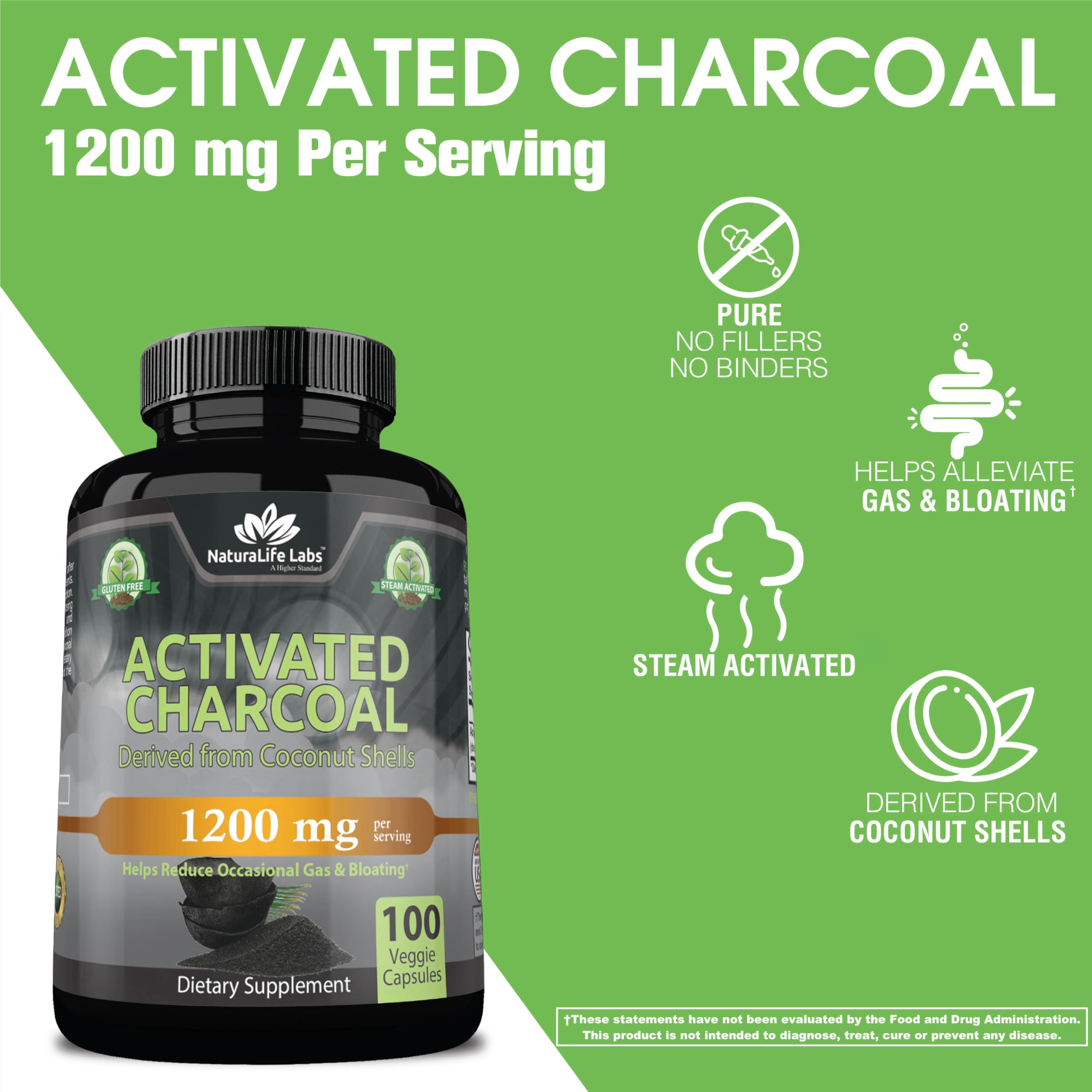 NaturaLife Labs Activated Charcoal 1,200 mg – Highly Absorbent – Supports Relief of Occasional Gas & Bloating – from Coconut Shells – 100 Veg Capsules