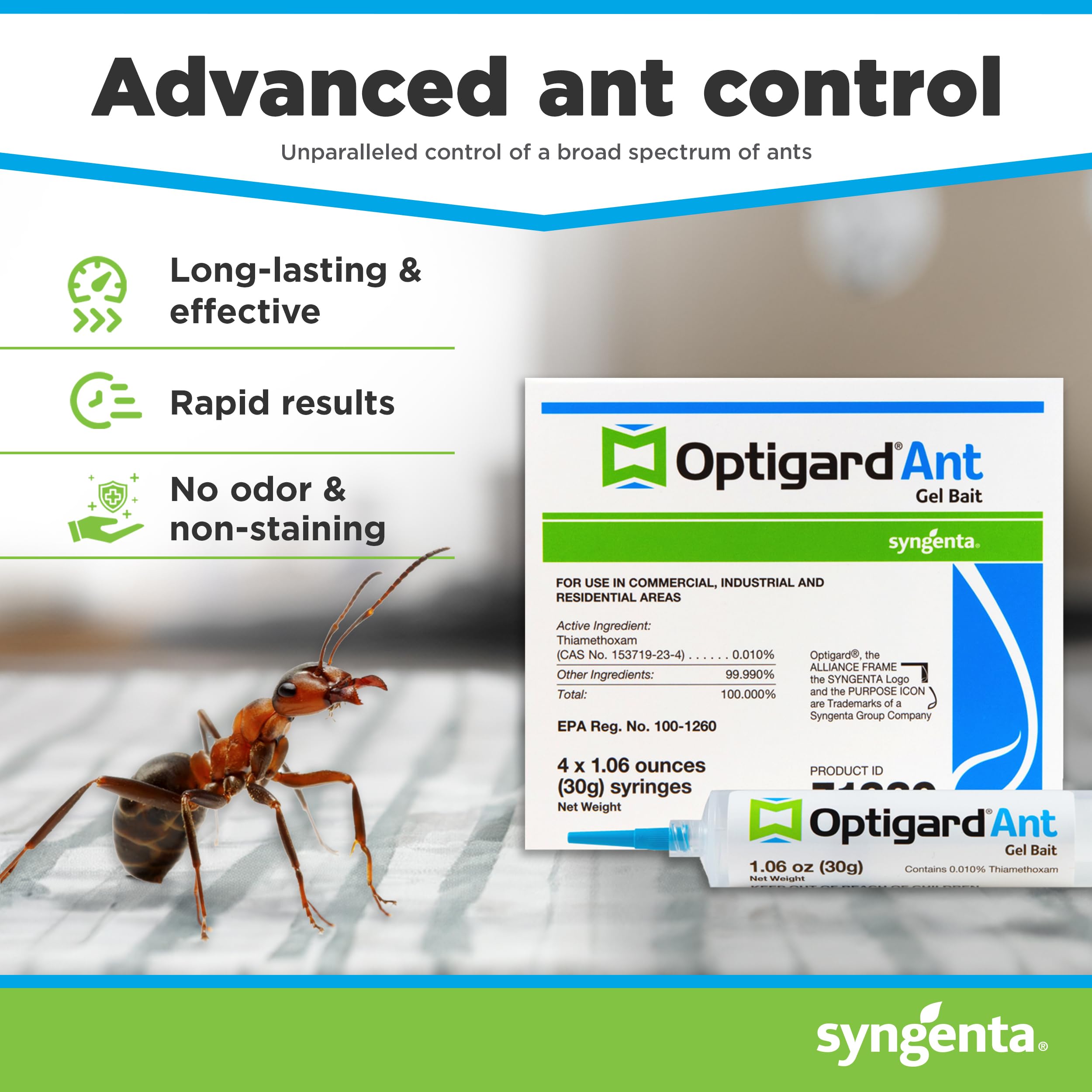 Optigard Ant Gel Bait, 4 Tubes x 30-Grams, 1 Plunger and 2 Application Tips, Effective Ant Bait, Formulated with 0.01% Thiamethoxam, Indoor and Outdoor Use, Ant Killer Gel for Most Major Ant Species