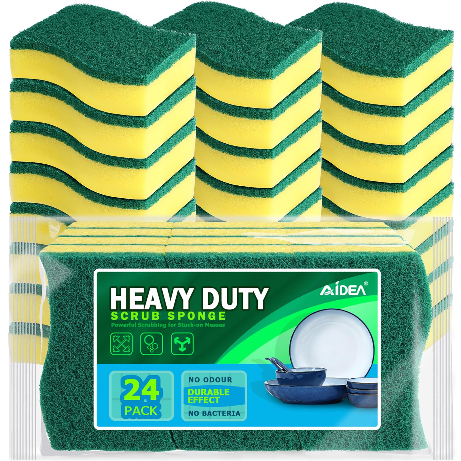 AIDEA Heavy Duty Scrub Sponge-24Count, Cleaning Scrub Sponge, Stink-Free Sponge, Effortless Cleaning Eco Scrub Pads for Dishes,Pots,Pans All at Once