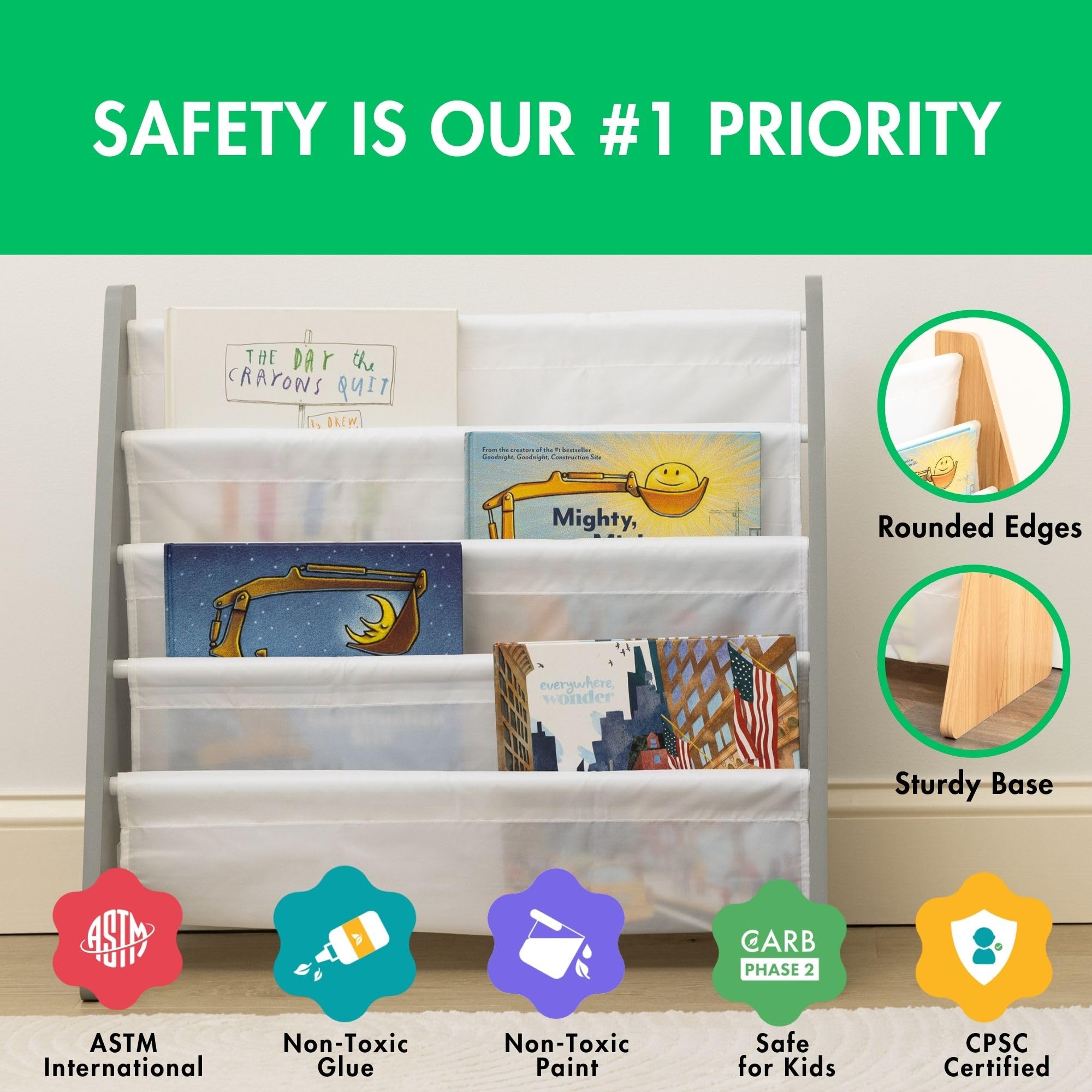 Humble Crew 4-Tier Kids Bookshelf, Grey Wood/White - Premium Book Shelf for Kids Rooms with Four Deep Pockets - Toddler Sling Book Rack with Deep Sleeves, Nursery Bookcase Organizer