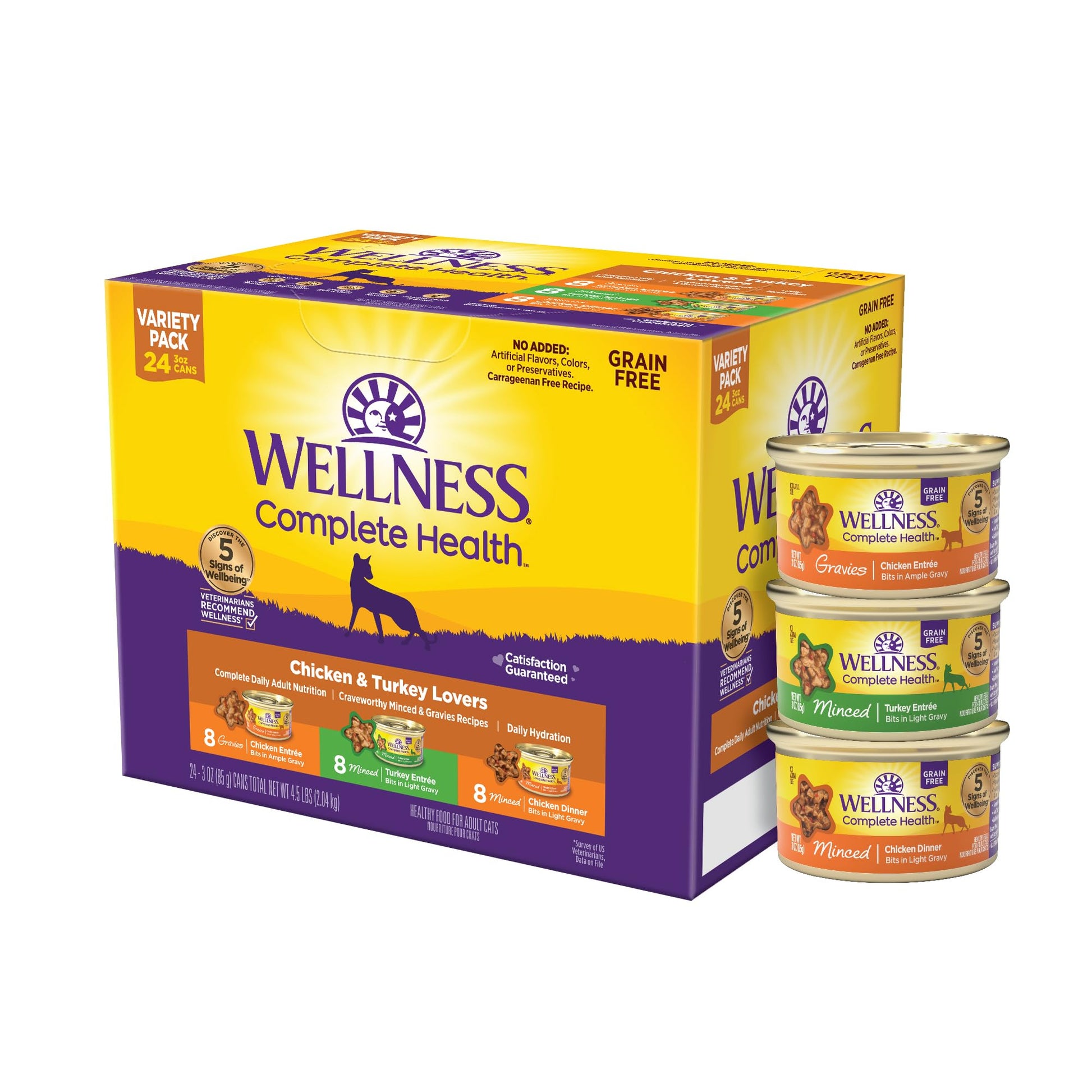 Wellness Complete Health Grain-Free Wet Canned Cat Food, Chicken & Turkey Lovers Minced and Gravies Variety Pack, 3 Ounces (Pack of 24)