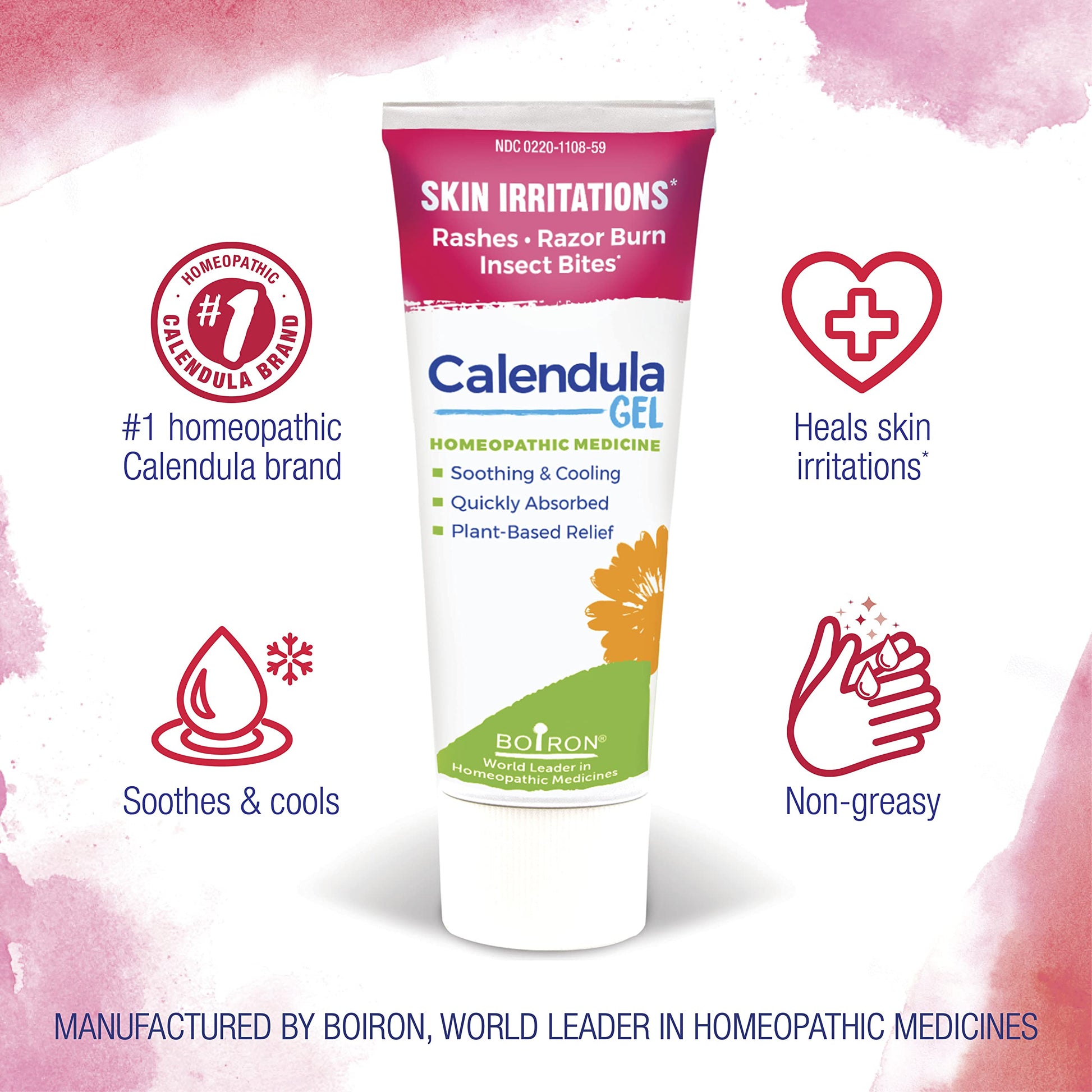 Boiron Calendula Gel Relief from Rashes, Skin Irritations, Razor Burn, or Insect Bites - Non-Greasy and Fragrance-Free - 2.6oz