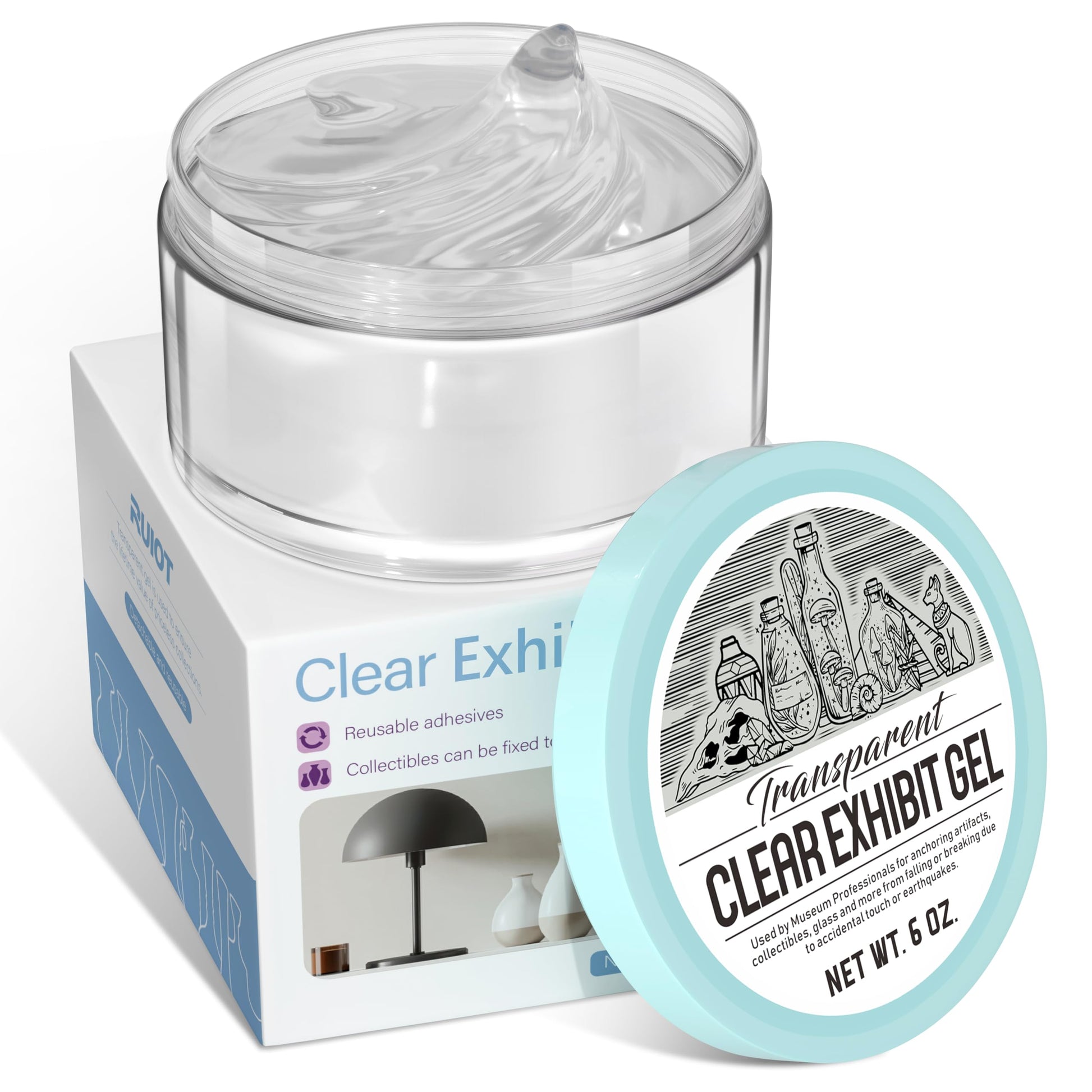6 oz Exhibit Gel for Museum Exhibits, Removable Clear Exhibit Wax for Museum Collections, Reusable Exhibit Putty for Antiques, Glass, Ceramic and Action Figures.