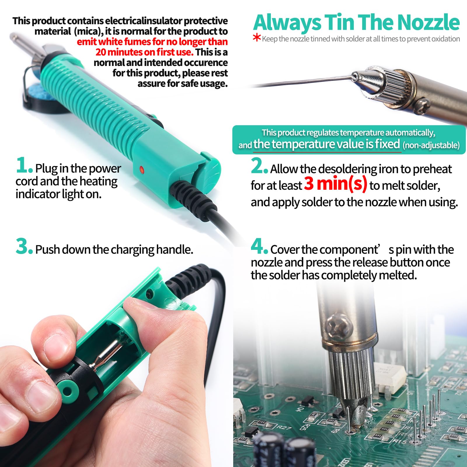 YIHUA 929D-V Electric Desoldering Soldering Iron Solder Sucker Desoldering Pump with Shorter Charging Handle and Desoldering Nozzles 1.0mm 1.2mm for Through-Hole Desoldering